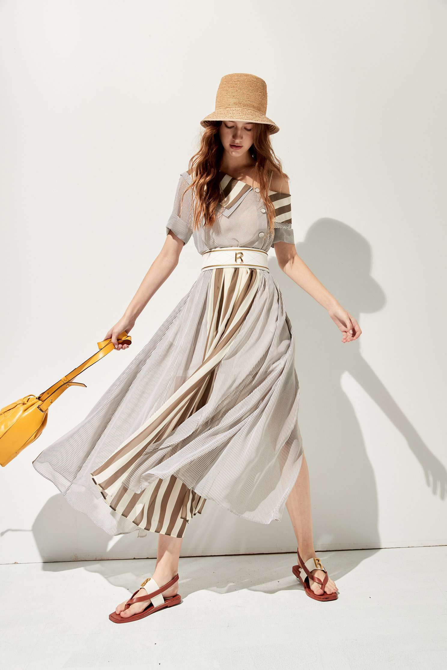 Asymmetric Collar Contrast Maxi DressContrast striped long dress,Dresses,Queen,Season (SS) Look,Stripe,mothergift,Short sleeve dresses,Cutwork details dresses,dresses,Chiffon