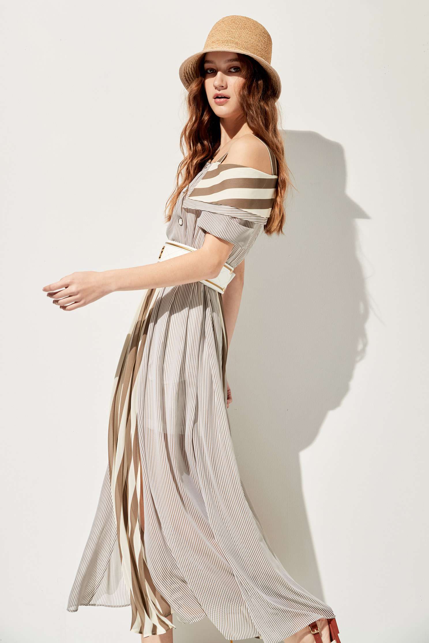 Asymmetric Collar Contrast Maxi DressContrast striped long dress,Dresses,Queen,Season (SS) Look,Stripe,mothergift,Short sleeve dresses,Cutwork details dresses,dresses,Chiffon