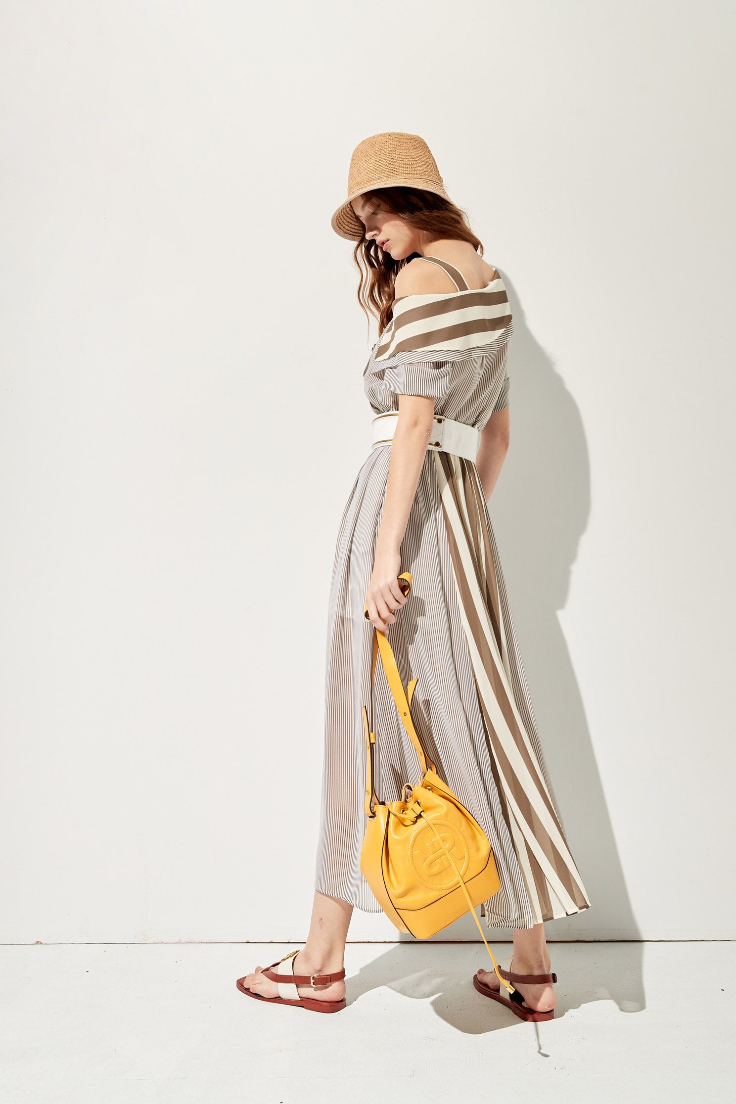 Asymmetric Collar Contrast Maxi DressContrast striped long dress,Dresses,Queen,Season (SS) Look,Stripe,mothergift,Short sleeve dresses,Cutwork details dresses,dresses,Chiffon