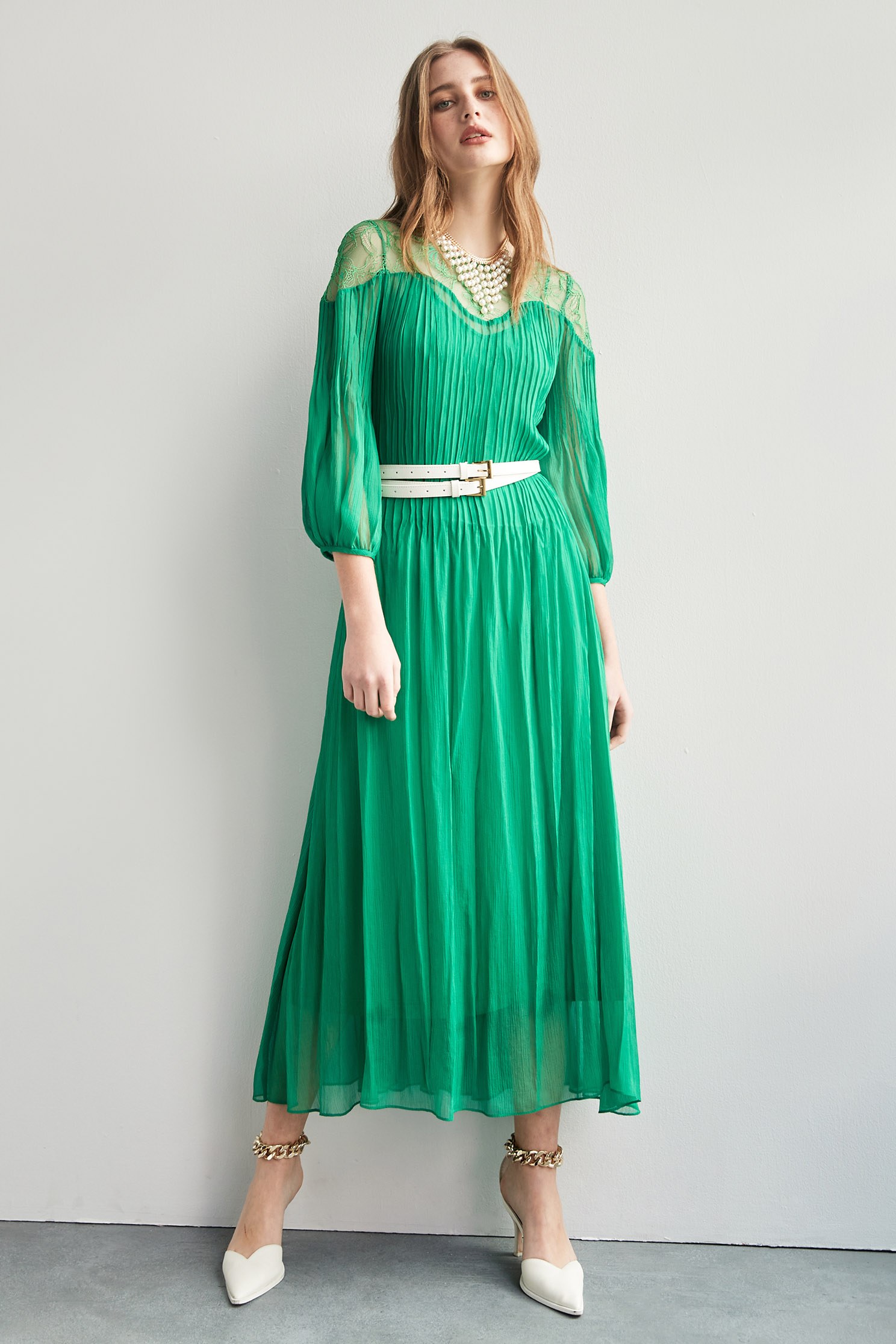 Chiffon With Lace Yoke Maxi DressChiffon long dress with pleated detail,Dresses,Under shirts,Rayon,Lace dresses,goodlucknewyear,Season (SS) Look,mothergift,Belts,Thin straps,Lace,Lace dresses,Cutwork details dresses,dresses,Maxi dresses,Long sleeve dresses,Chiffon