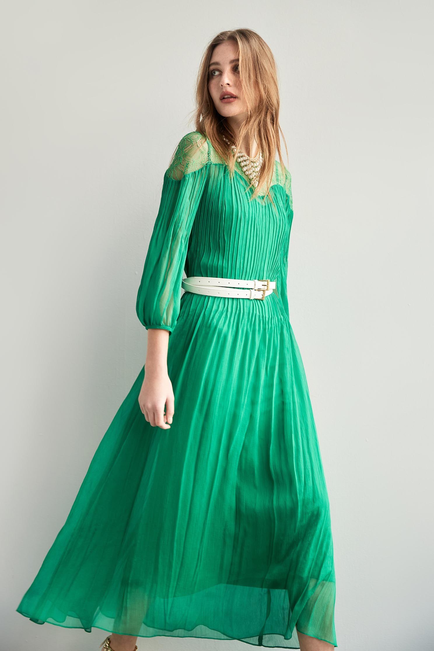 Chiffon With Lace Yoke Maxi DressChiffon long dress with pleated detail,Dresses,Under shirts,Rayon,Lace dresses,goodlucknewyear,Season (SS) Look,mothergift,Belts,Thin straps,Lace,Lace dresses,Cutwork details dresses,dresses,Maxi dresses,Long sleeve dresses,Chiffon