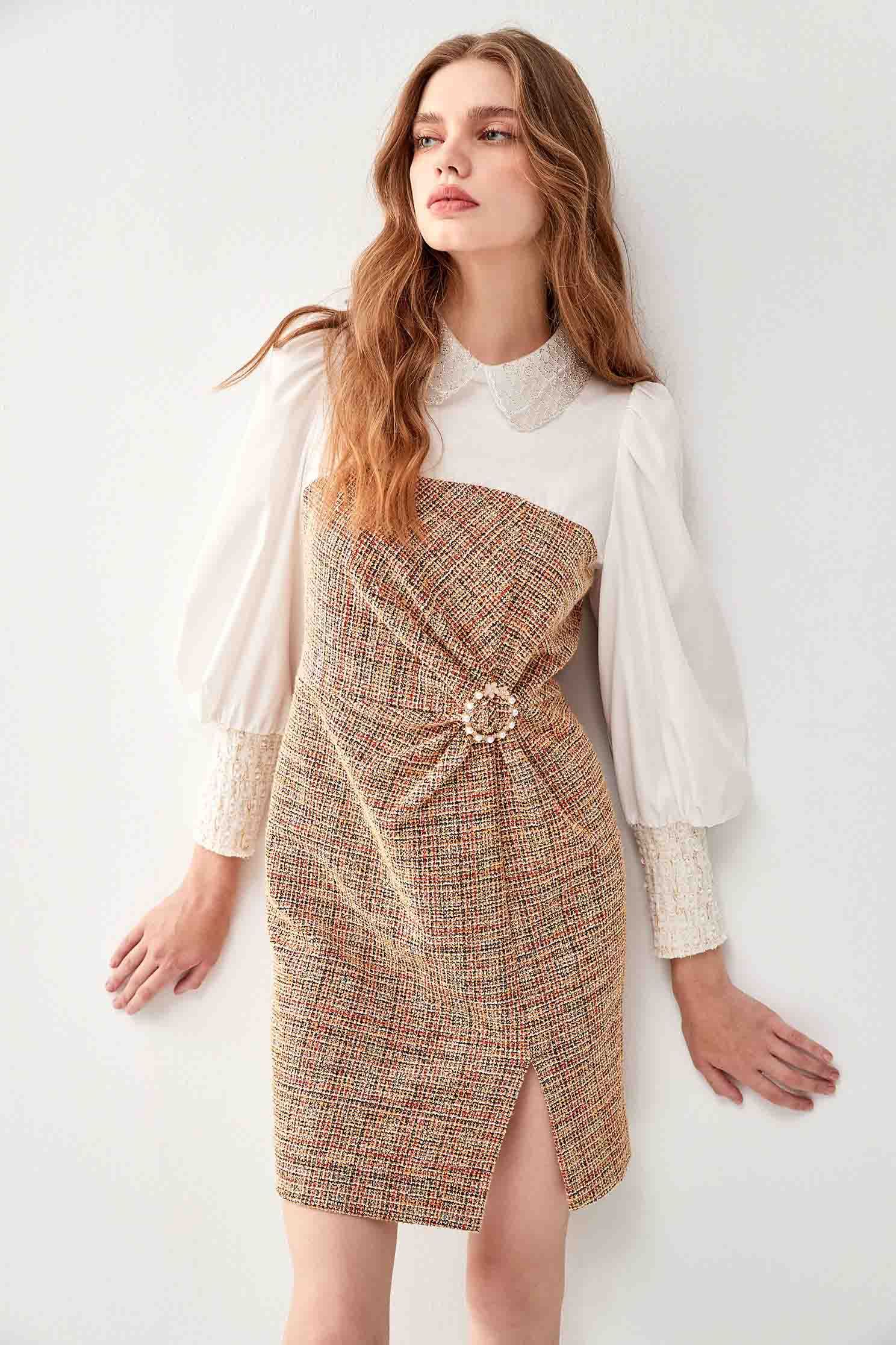 Color Block Tweed DressContrast tweed dress,Dresses,pearl,Season (AW) Look,Valentine,Mesh fabric,Blouses,Long sleeve dresses