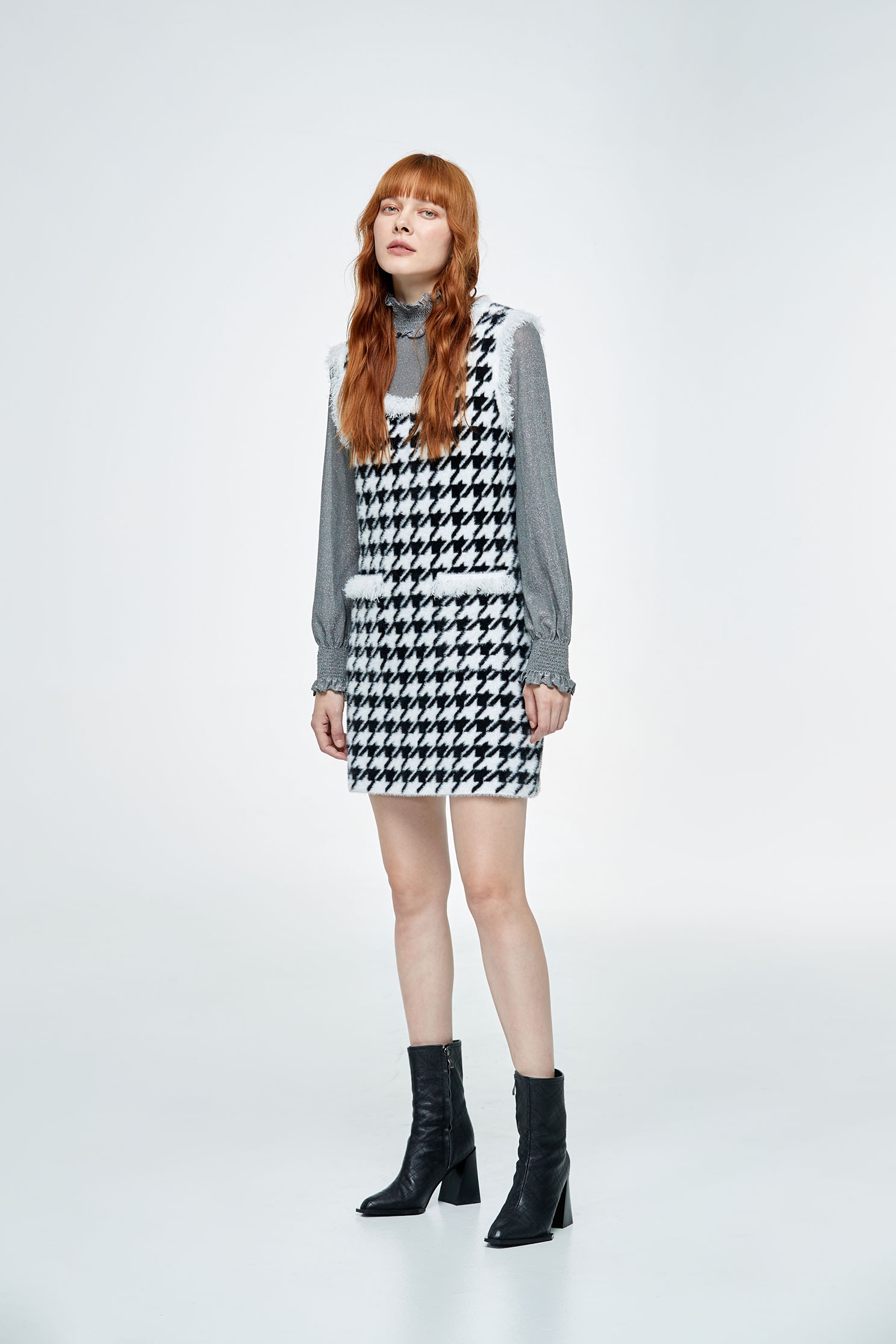 Houndstooth Pattern Sleeveless DressHoundstooth knit dress,U-neck dresses,Knitted dresses,Plaid,Season (AW) Look,Valentine,Knitted,Knitted dresses