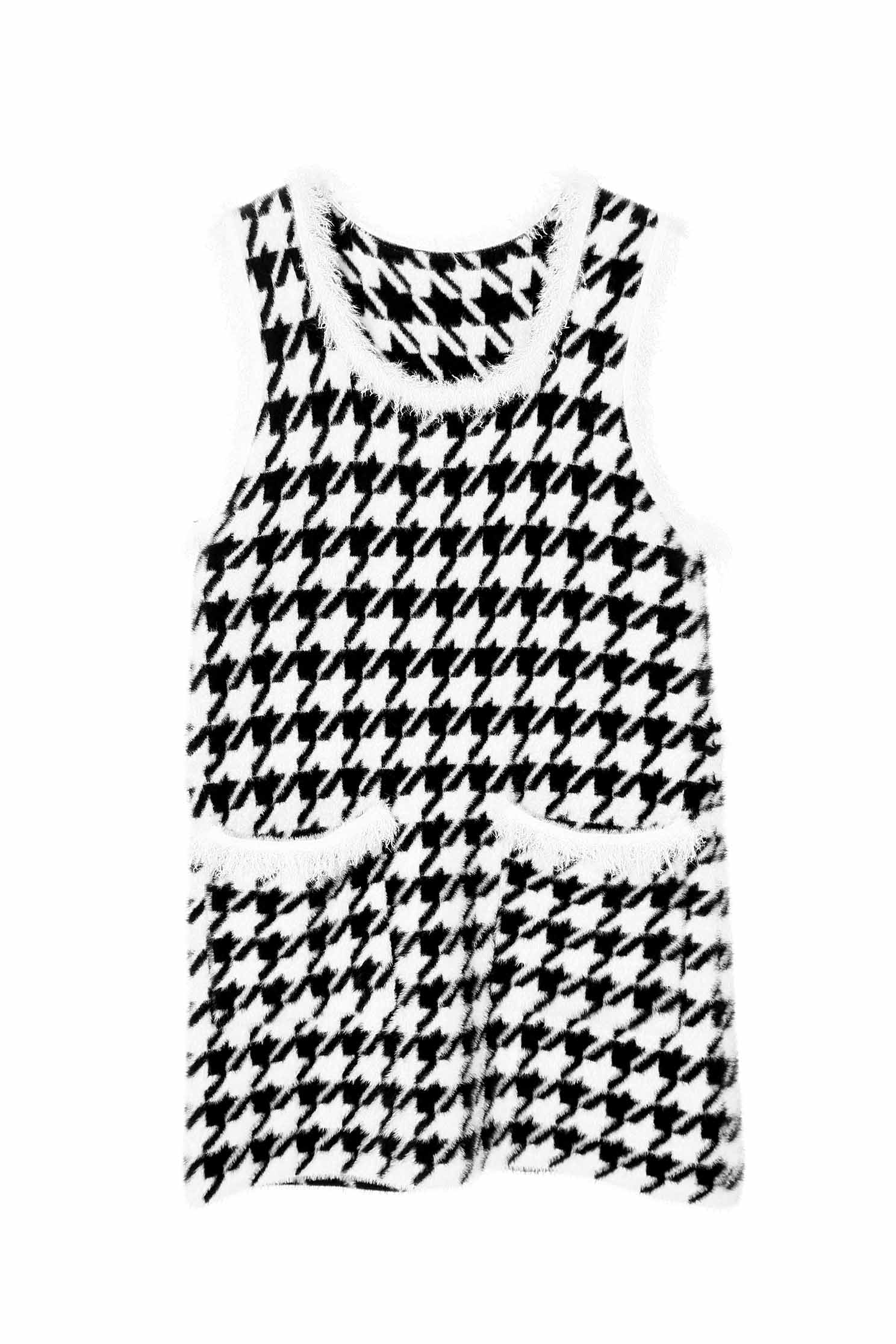 Houndstooth Pattern Sleeveless DressHoundstooth knit dress,U-neck dresses,Knitted dresses,Plaid,Season (AW) Look,Valentine,Knitted,Knitted dresses