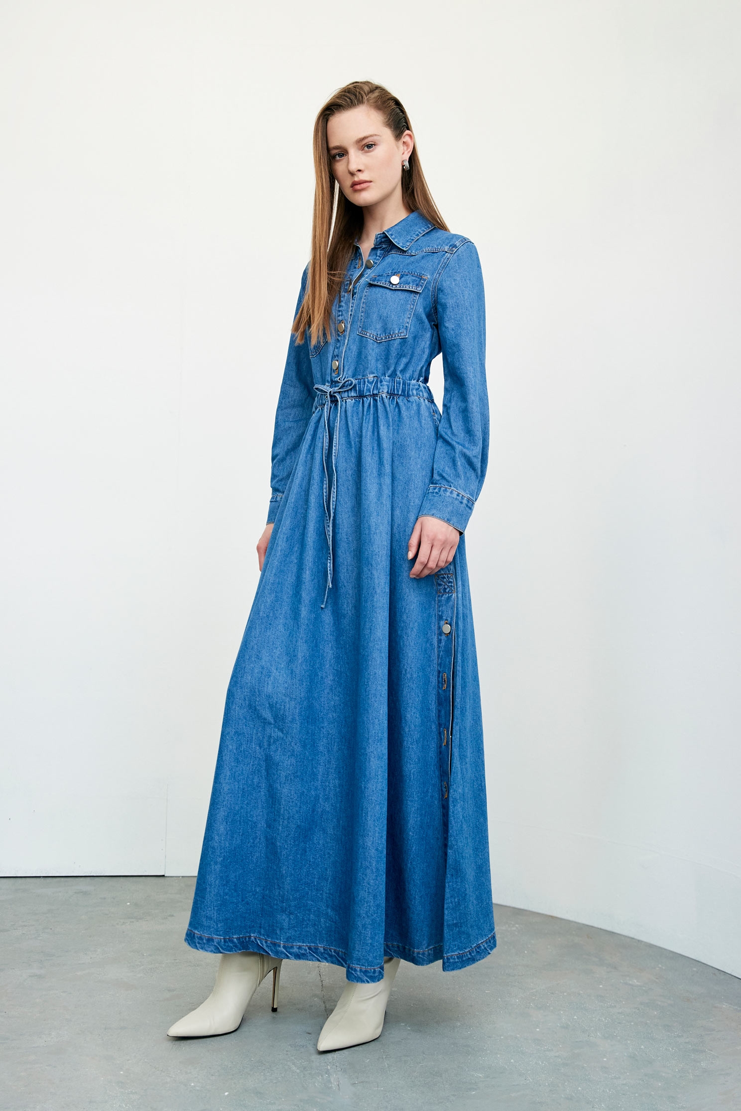 Drawstring Denim Maxi DressDrawstring  Denim Maxi Dress,Denim,Season (AW) Look,Maxi dresses