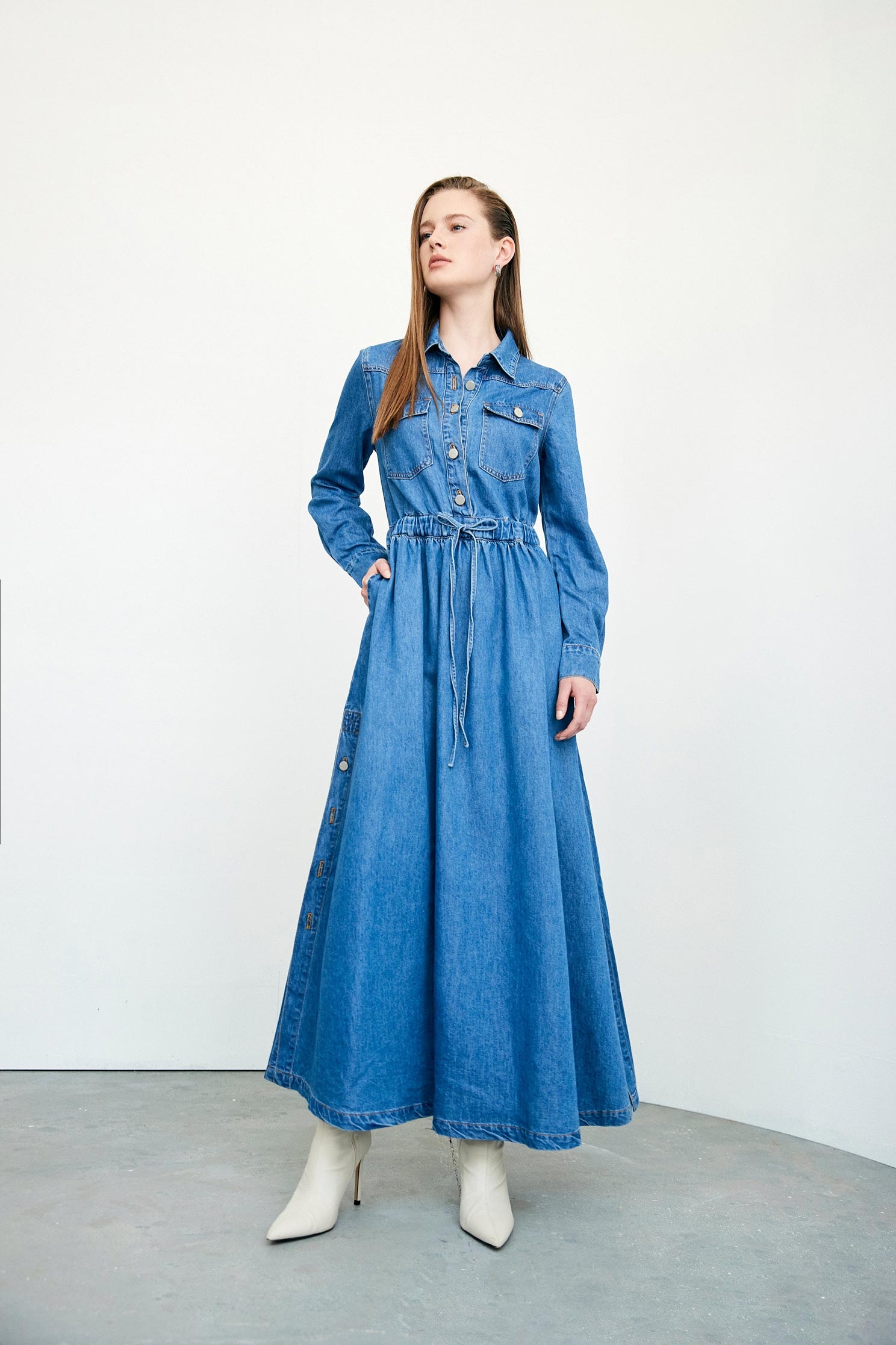 Drawstring Denim Maxi DressDrawstring  Denim Maxi Dress,Denim,Season (AW) Look,Maxi dresses