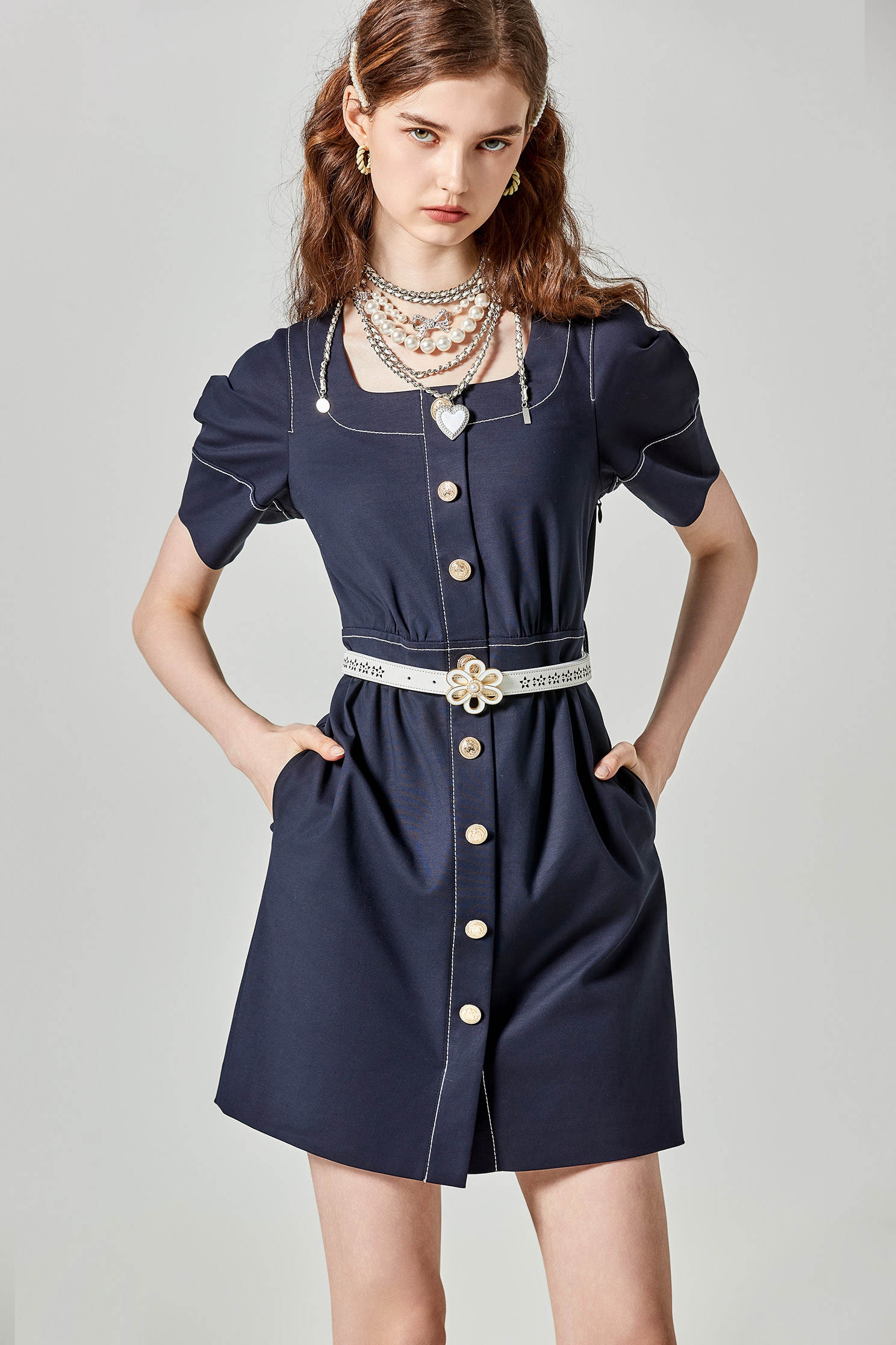 Short Sleeve Navy Dress With Stitching DetailShort Sleeve Navy Dress With Stitching Detail,Dresses,Season (SS) Look