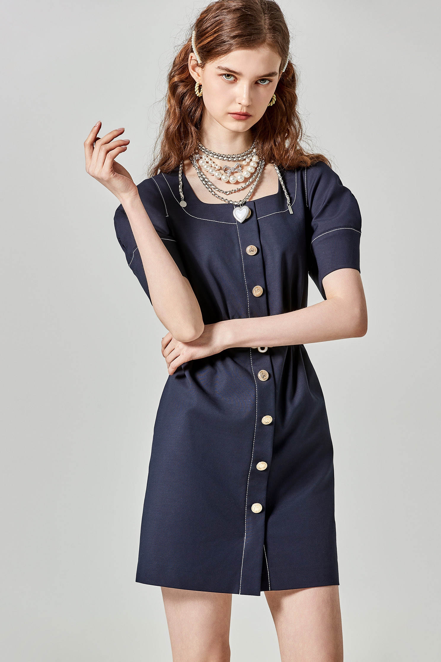 Short Sleeve Navy Dress With Stitching DetailShort Sleeve Navy Dress With Stitching Detail,Dresses,Season (SS) Look