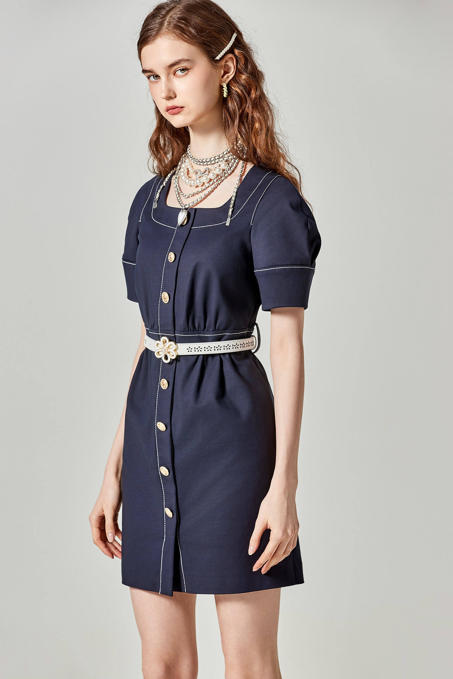 Short Sleeve Navy Dress With Stitching DetailShort Sleeve Navy Dress With Stitching Detail,Dresses,Season (SS) Look