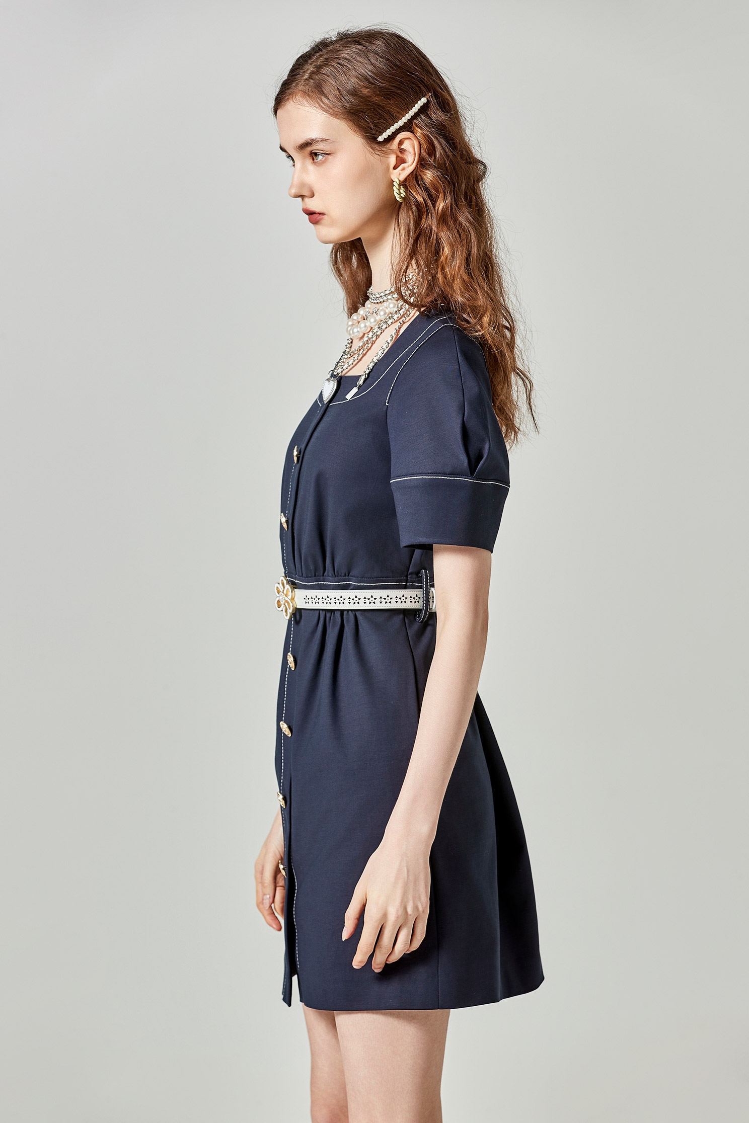 Short Sleeve Navy Dress With Stitching DetailShort Sleeve Navy Dress With Stitching Detail,Dresses,Season (SS) Look