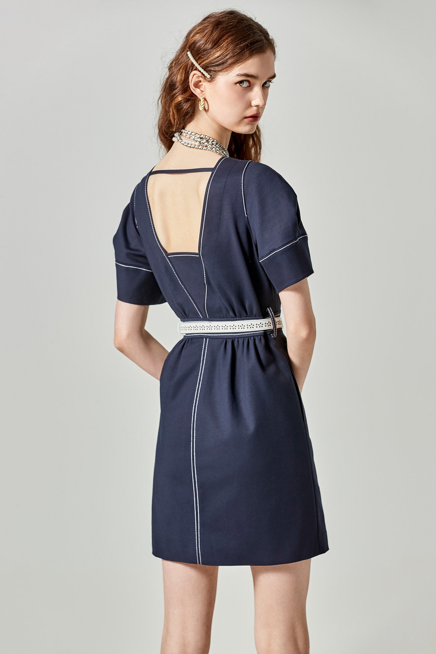 Short Sleeve Navy Dress With Stitching DetailShort Sleeve Navy Dress With Stitching Detail,Dresses,Season (SS) Look