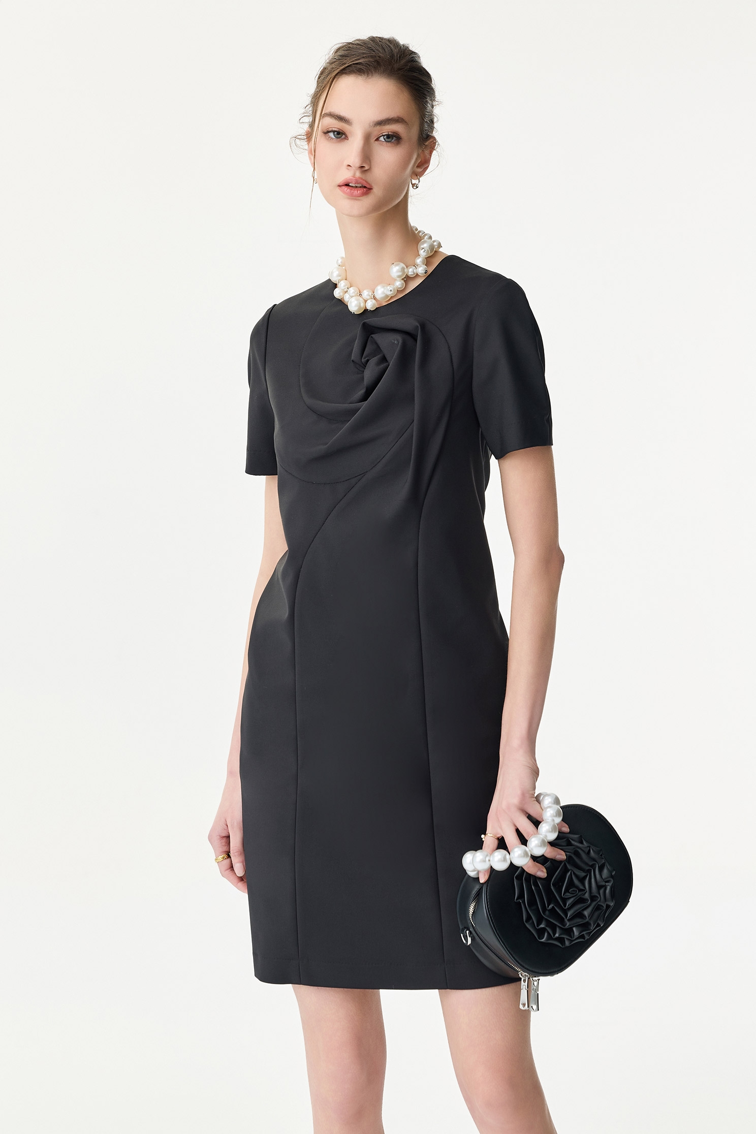 Front 3-D Floral Short Sleeve DressFront 3-D Floral Short Sleeve Dress,Dresses,Season (SS) Look,Black dresses