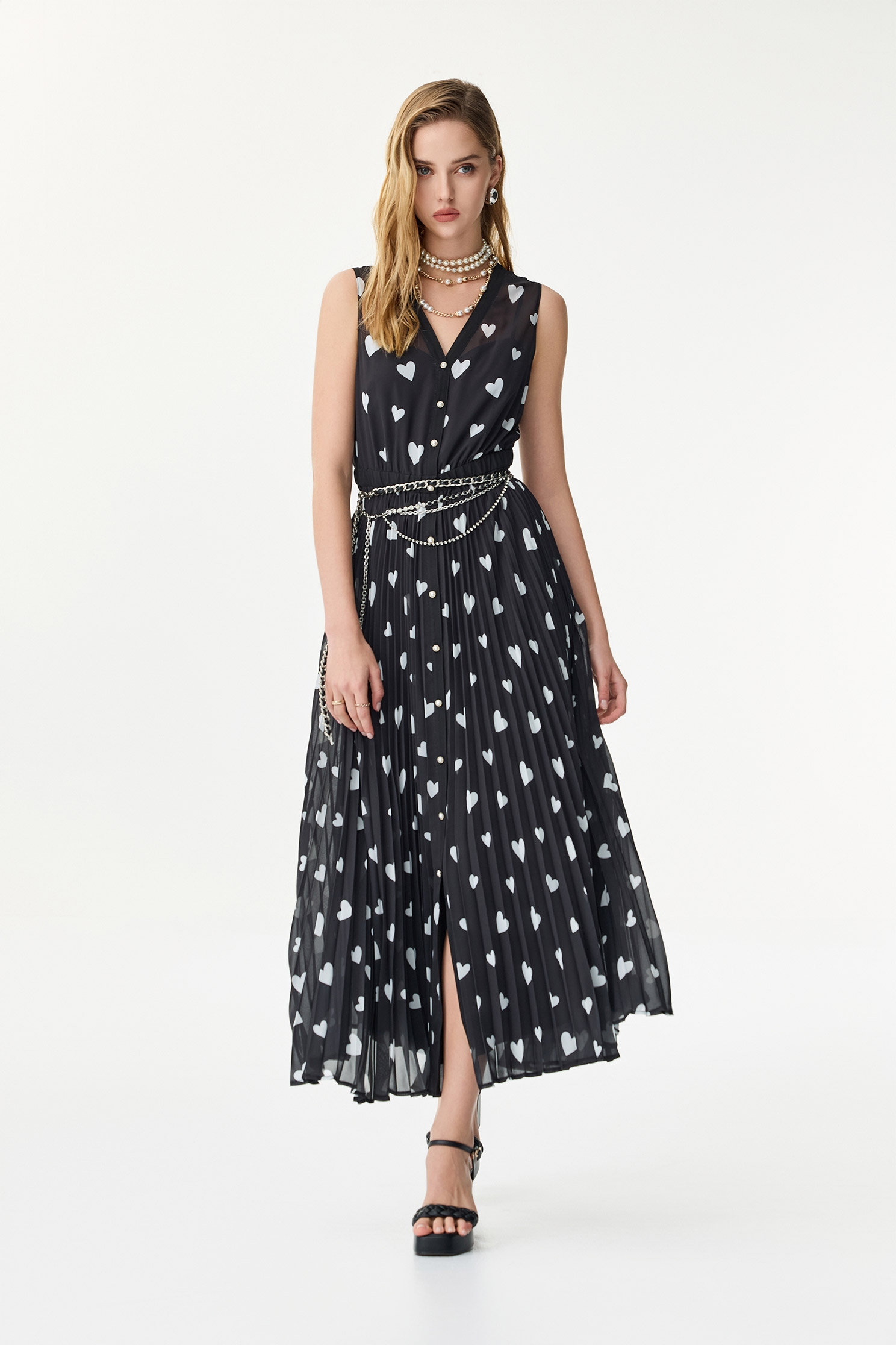 Heart Print Chiffon Sleeveless DressHeart Print Chiffon Sleeveless Dress,Dresses,Season (SS) Look,Chiffon