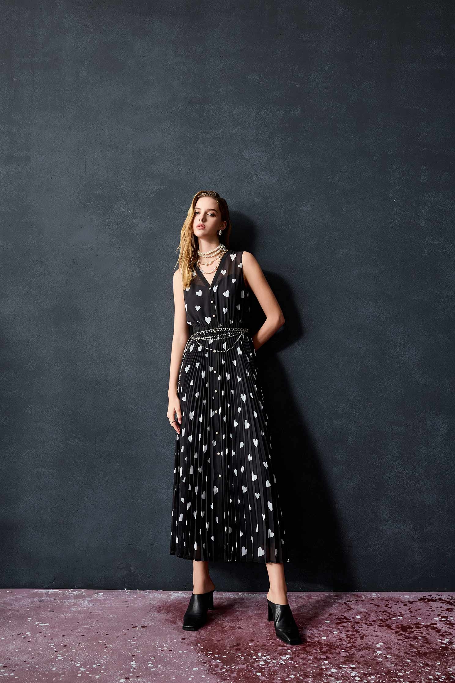 Heart Print Chiffon Sleeveless DressHeart Print Chiffon Sleeveless Dress,Dresses,Season (SS) Look,Chiffon