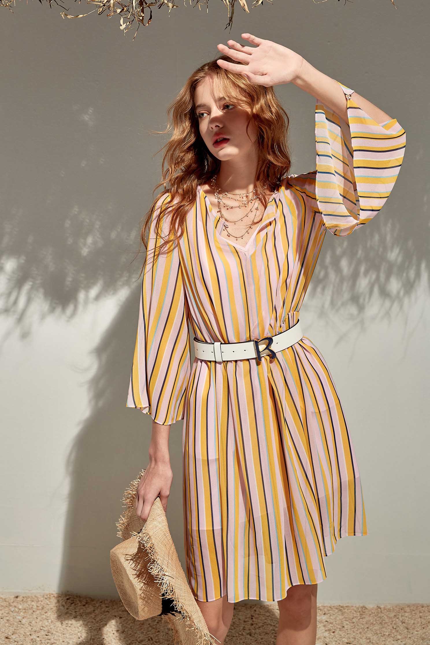 Summer Stripe Print Chiffon DressColorful straight striped round-neck mini dress,Dresses,Under shirts,Season (SS) Look,Stripe,Trends