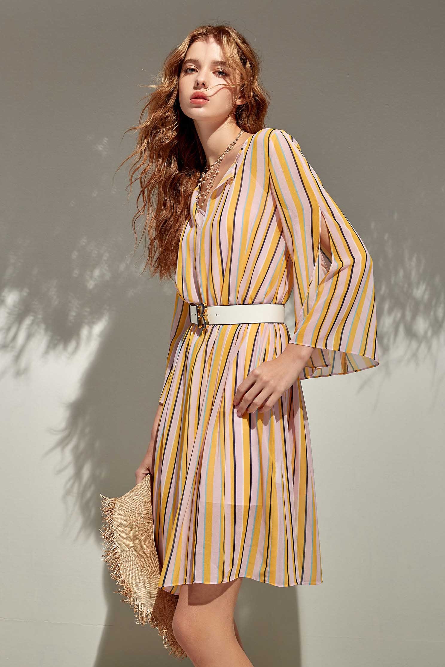 Summer Stripe Print Chiffon DressColorful straight striped round-neck mini dress,Dresses,Under shirts,Season (SS) Look,Stripe,Trends