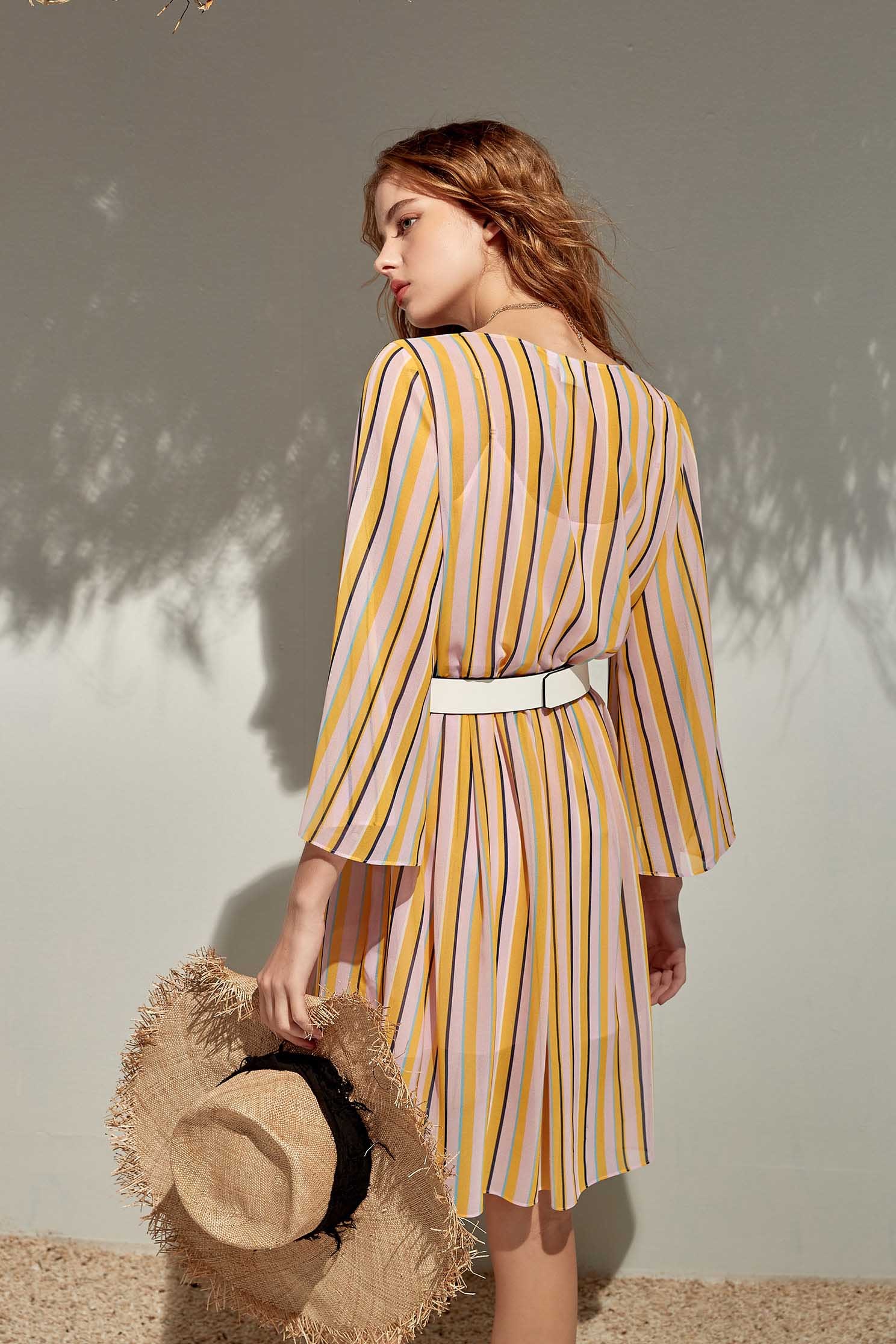 Summer Stripe Print Chiffon DressColorful straight striped round-neck mini dress,Dresses,Under shirts,Season (SS) Look,Stripe,Trends