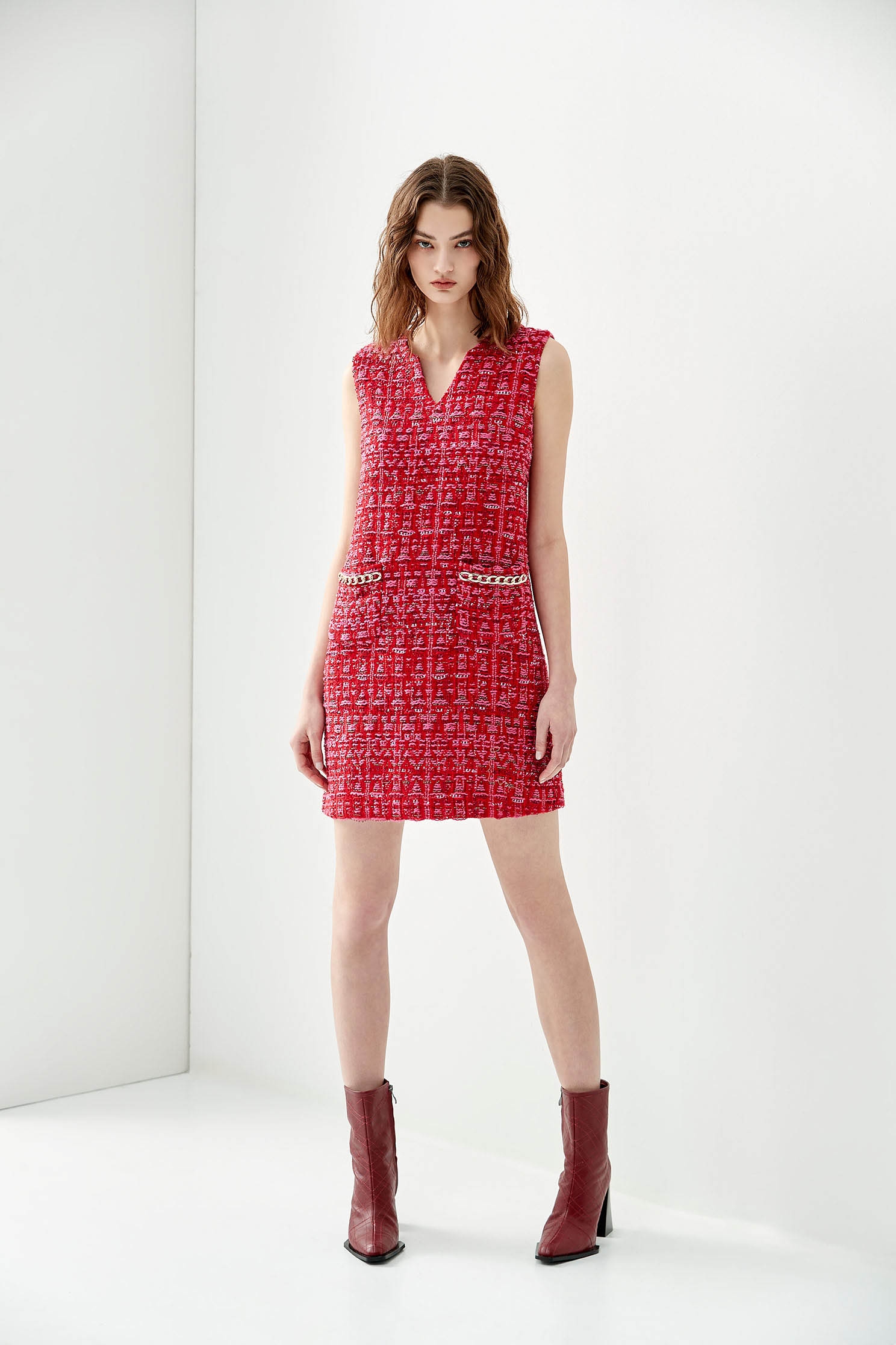 Red Tweed Sleeveless DressRed Tweed Sleeveless Dress,Dresses,Season (AW) Look