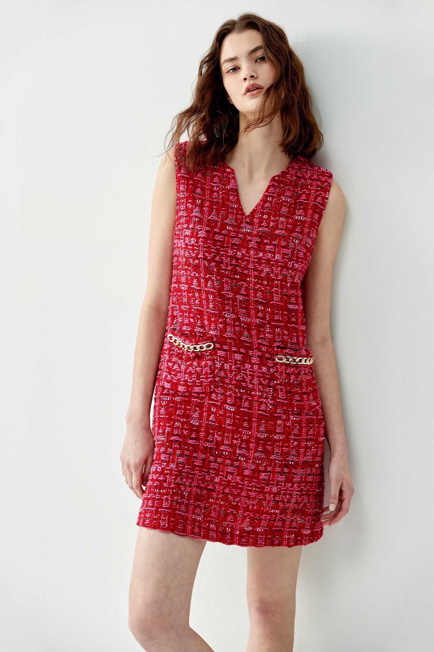 Red Tweed Sleeveless DressRed Tweed Sleeveless Dress,Dresses,Season (AW) Look