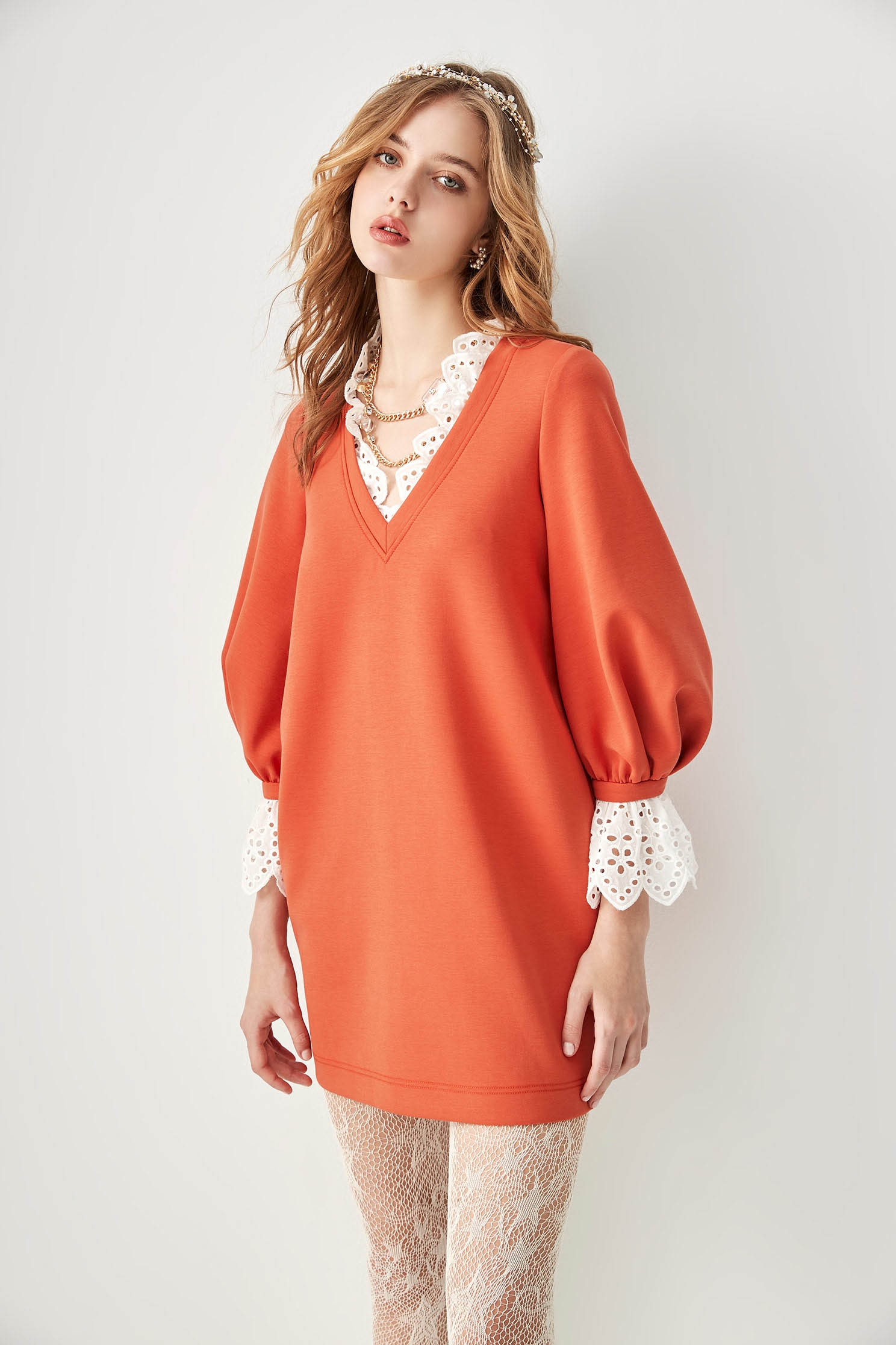 Lantern Sleeve Short Dress With Lace DetailLantern Sleeve Short Dress With Lace Detail,Dresses,Season (AW) Look,Lace