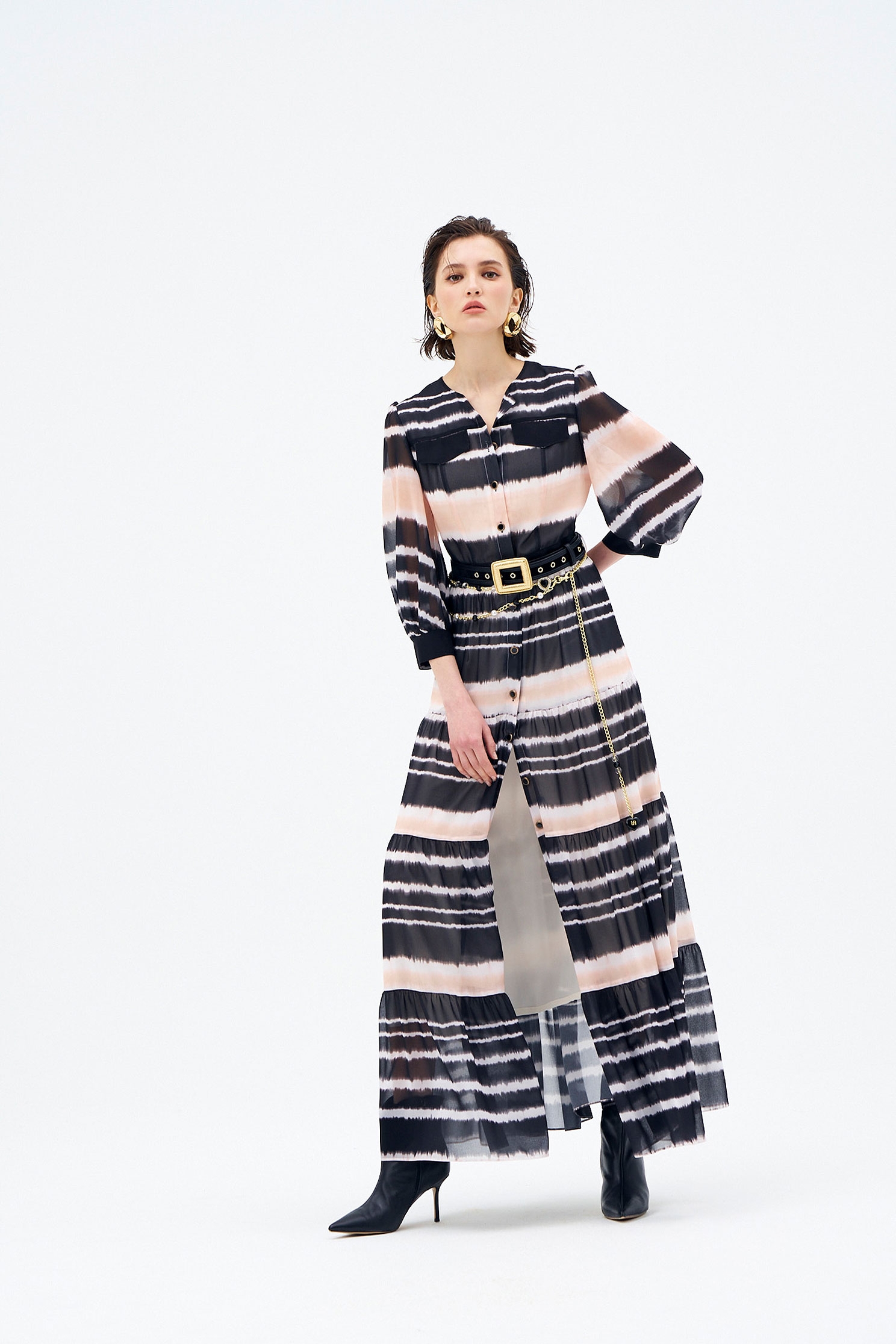 Button Front Gradient Stripe Maxi Dress雙色綁染感印花雪紡長洋裝,Shirt dresses,Season (AW) Look,Chiffon