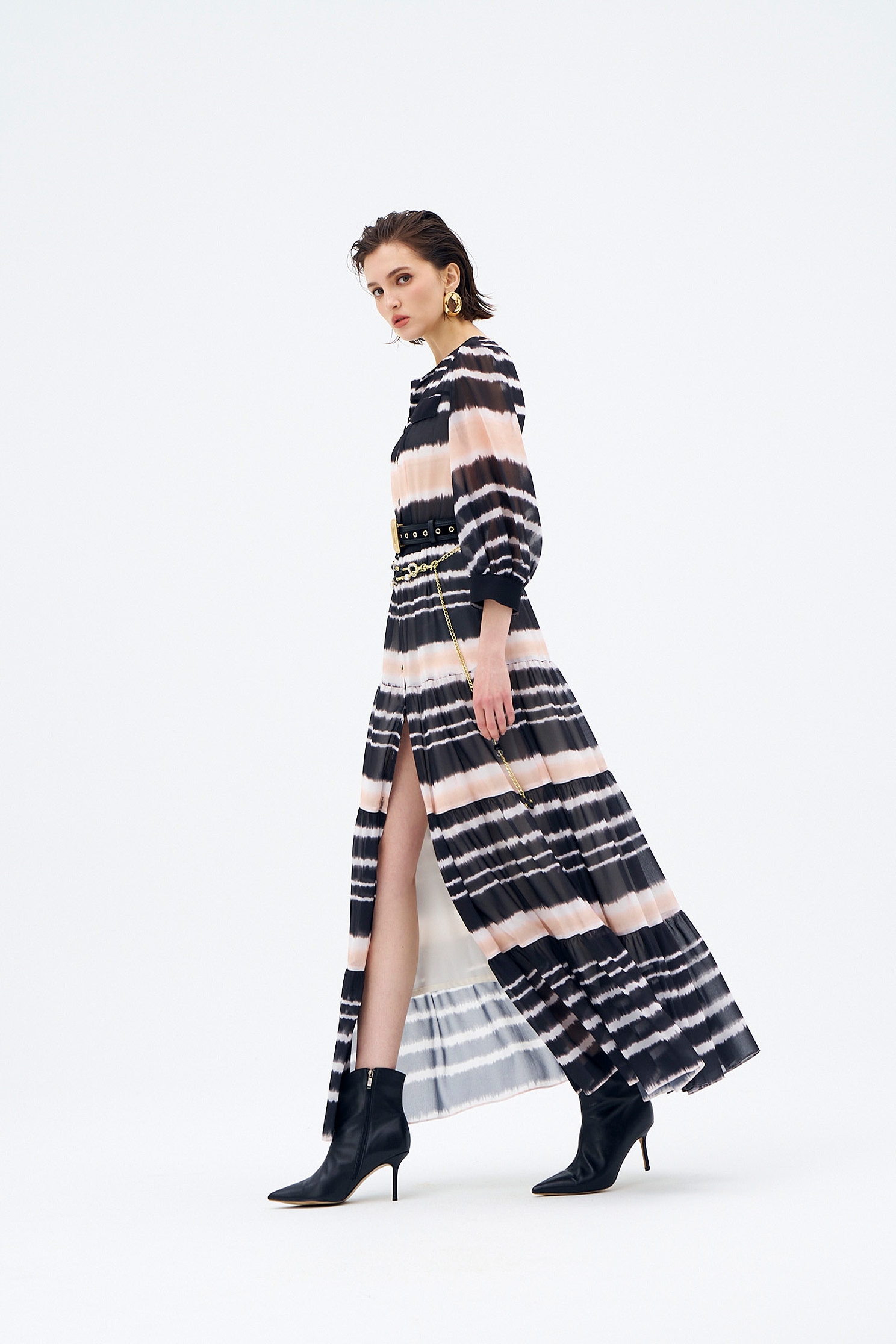 Button Front Gradient Stripe Maxi Dress雙色綁染感印花雪紡長洋裝,Shirt dresses,Season (AW) Look,Chiffon