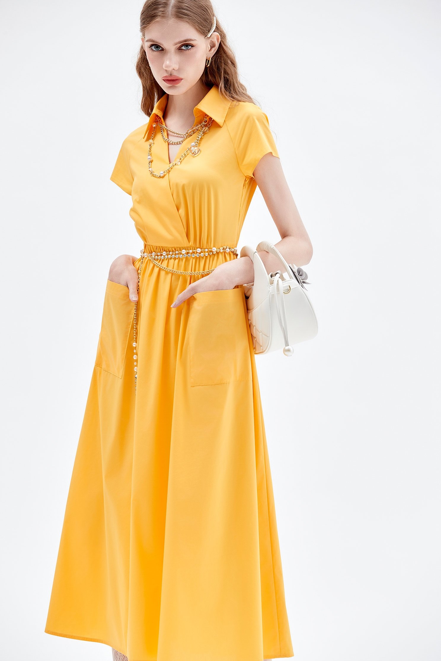 Short Sleeve Yellow Midi DressShort Sleeve Yellow Midi Dress,Dresses,Season (AW) Look