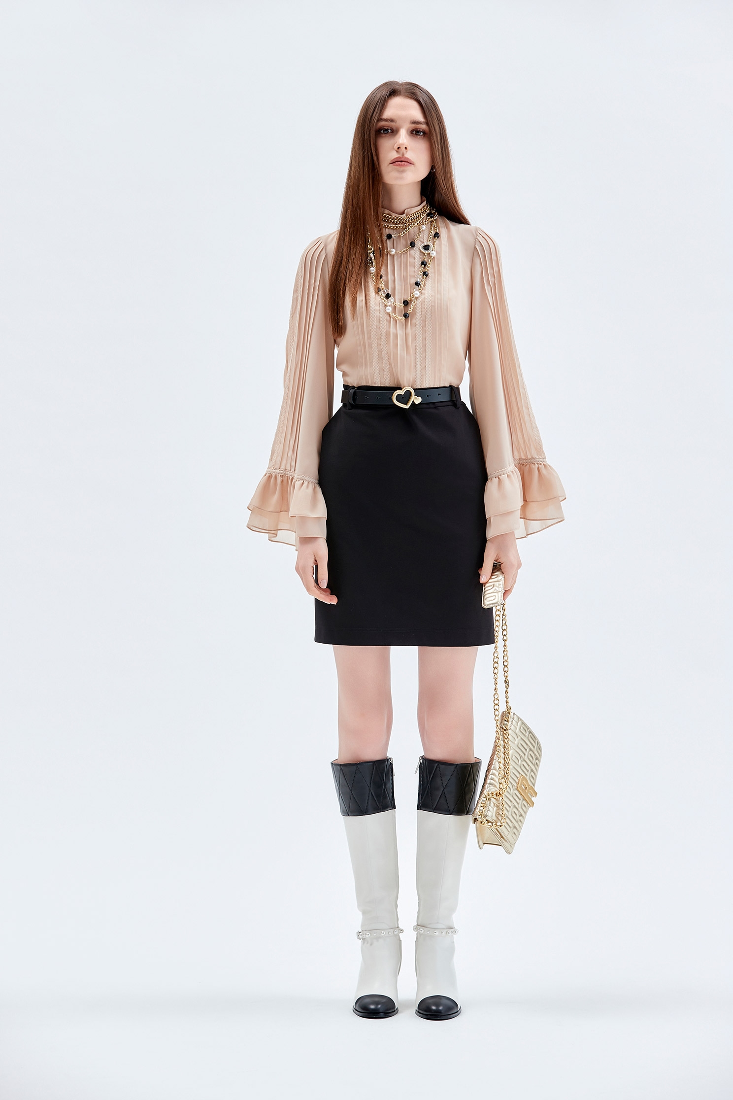 Colour Block Long Sleeve Dress卡黑異材拼接小高領短洋裝,Dresses,Season (AW) Look,Chiffon