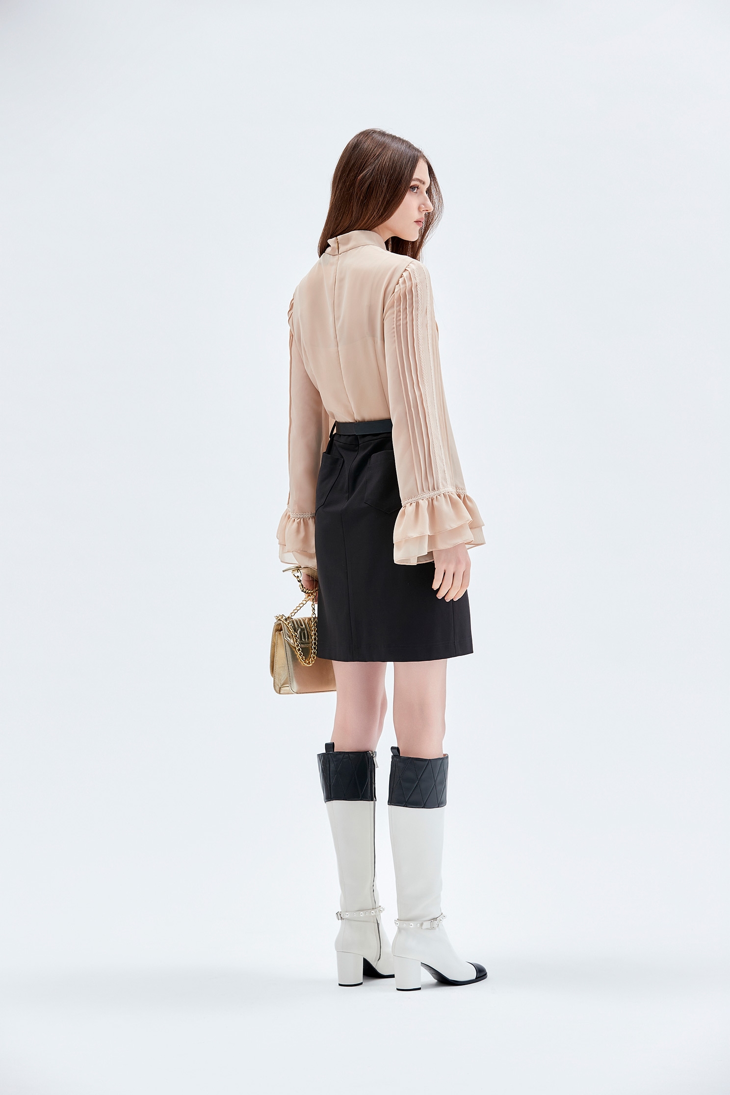 Colour Block Long Sleeve Dress卡黑異材拼接小高領短洋裝,Dresses,Season (AW) Look,Chiffon