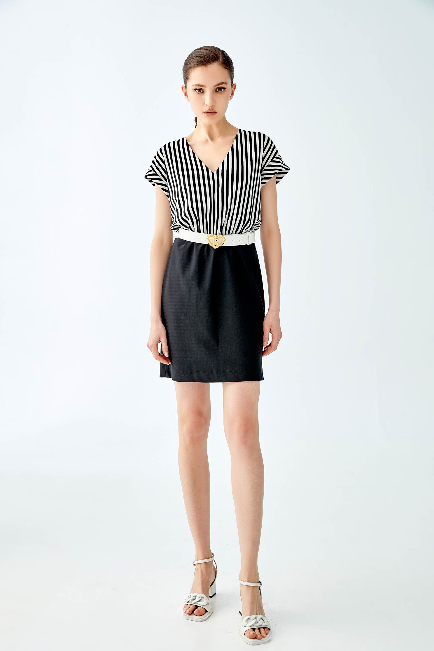 Short Stripe Dress With Solid Colour Skirtstripd short dresses,V-Neck T shirts,Dresses,Season (SS) Look