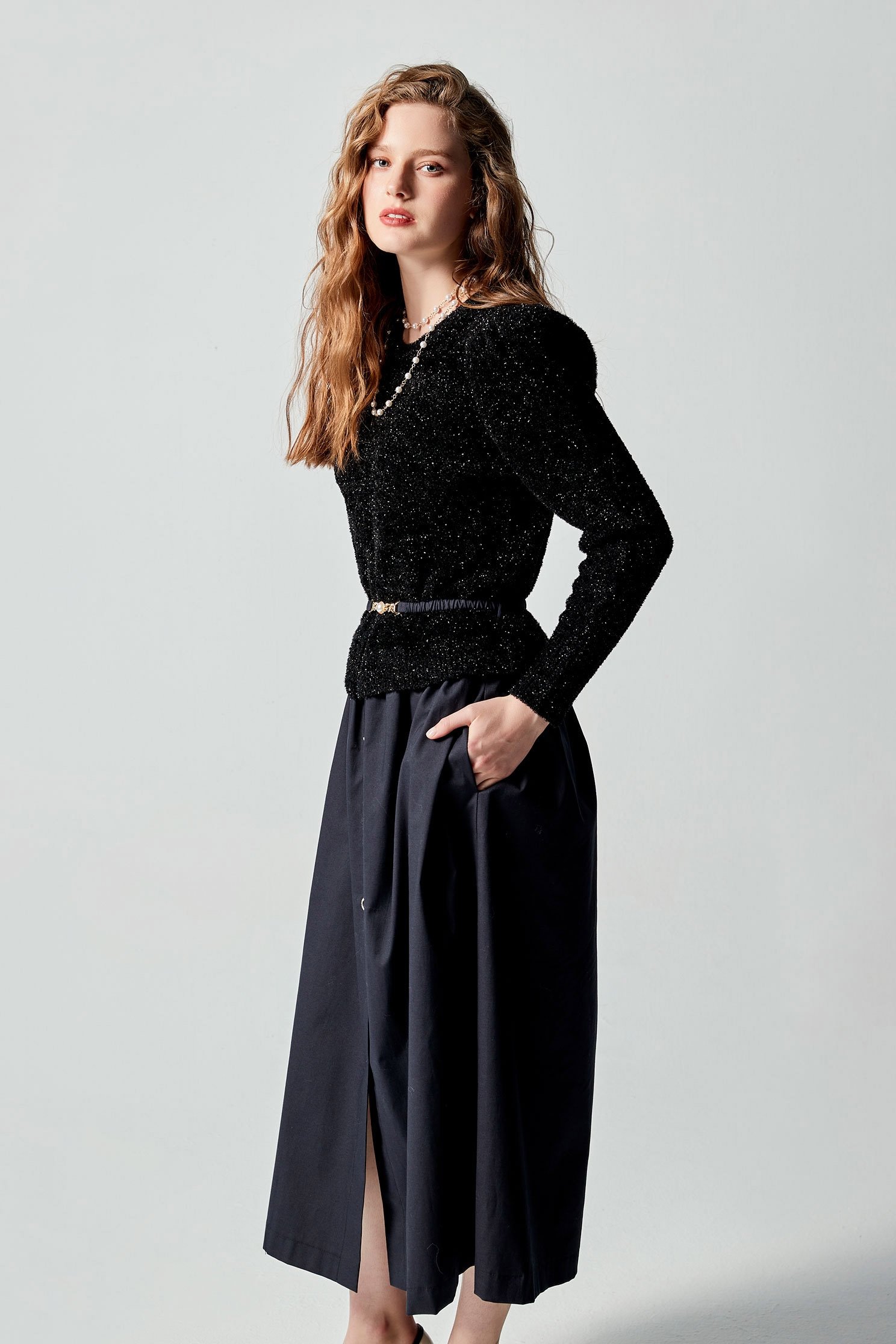 Puff Sleeve Matellic Fiber Knit DressPuff Sleeve,Knitted dresses,pearl,Season (AW) Look,Belts,Knitted,Knitted dresses,Maxi dresses