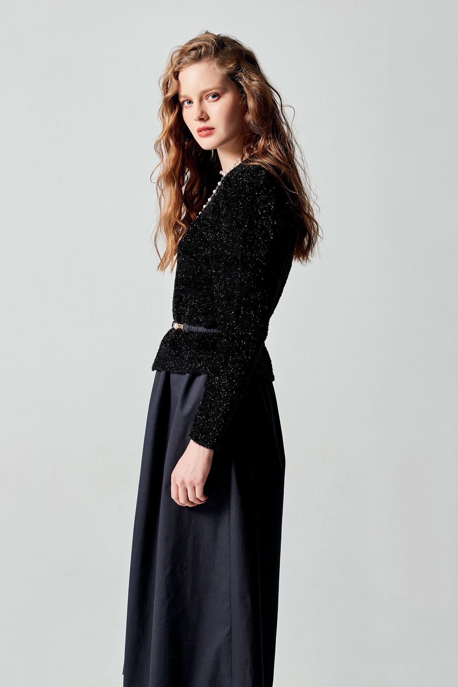 Puff Sleeve Matellic Fiber Knit DressPuff Sleeve,Knitted dresses,pearl,Season (AW) Look,Belts,Knitted,Knitted dresses,Maxi dresses