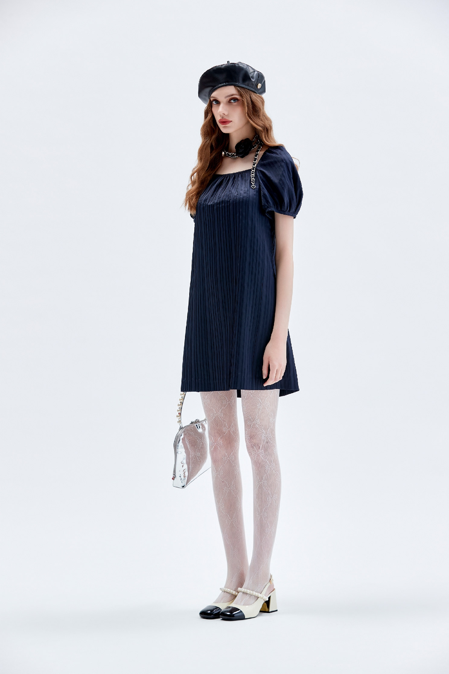 Puff Sleeve Navy Shift DressPuff Sleeve Navy Shift Dress,Dresses,Season (AW) Look