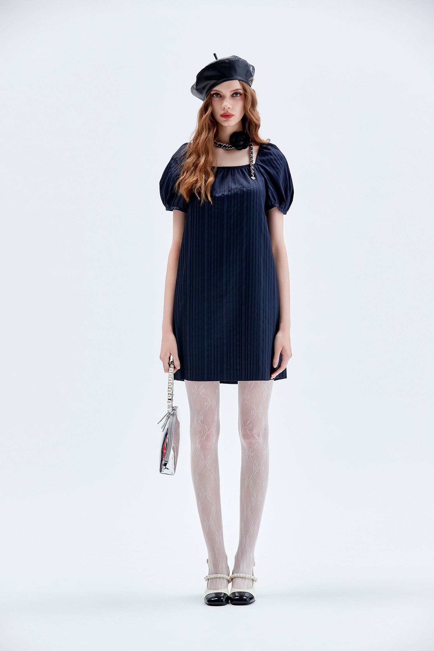 Puff Sleeve Navy Shift DressPuff Sleeve Navy Shift Dress,Dresses,Season (AW) Look