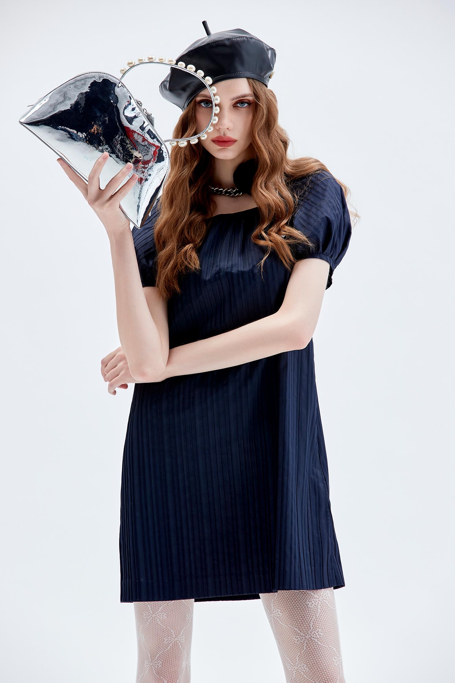 Puff Sleeve Navy Shift DressPuff Sleeve Navy Shift Dress,Dresses,Season (AW) Look