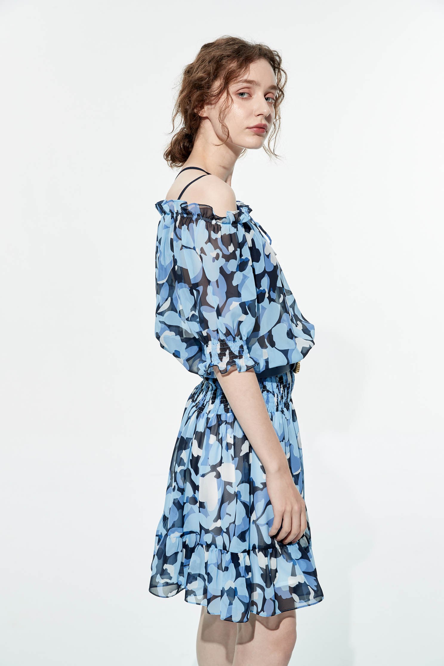 Blue Floral Print Elastc Rib Short DressMottled flowers print mini dress,boatneckdresses,Under shirts,Queen,Chiffon dresses,Season (SS) Look,mothergift,Lace,Chiffon,Chiffon dresses