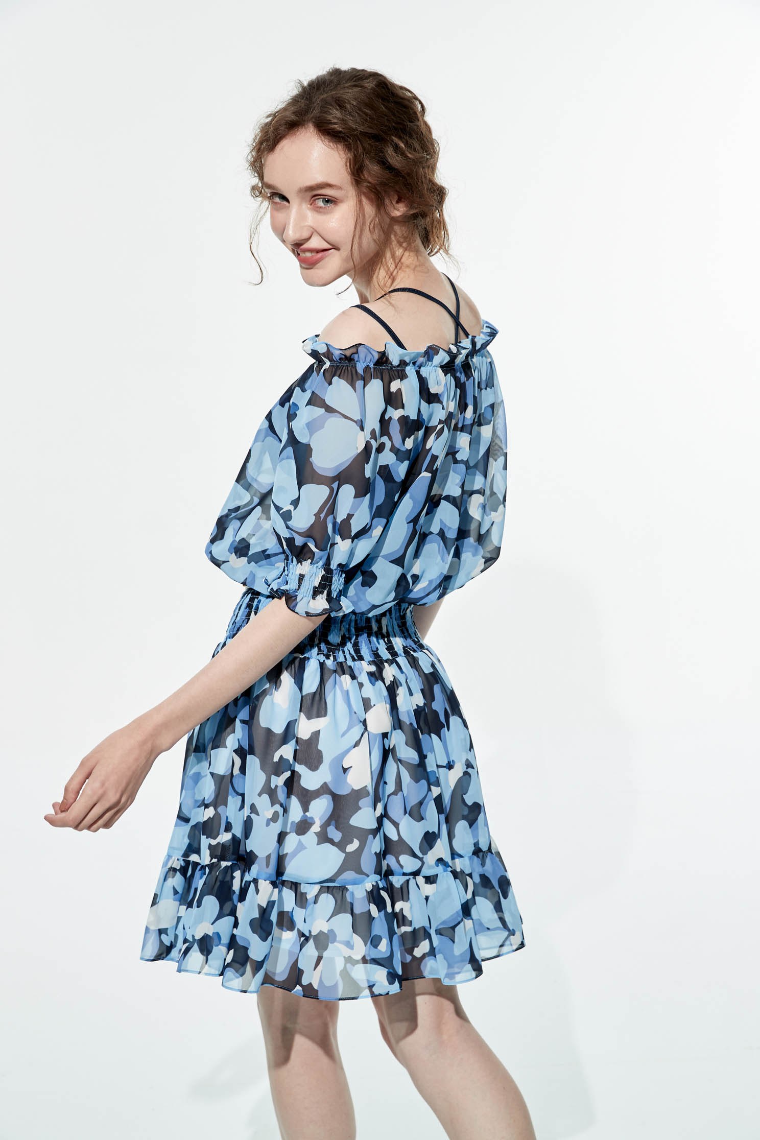 Blue Floral Print Elastc Rib Short DressMottled flowers print mini dress,boatneckdresses,Under shirts,Queen,Chiffon dresses,Season (SS) Look,mothergift,Lace,Chiffon,Chiffon dresses