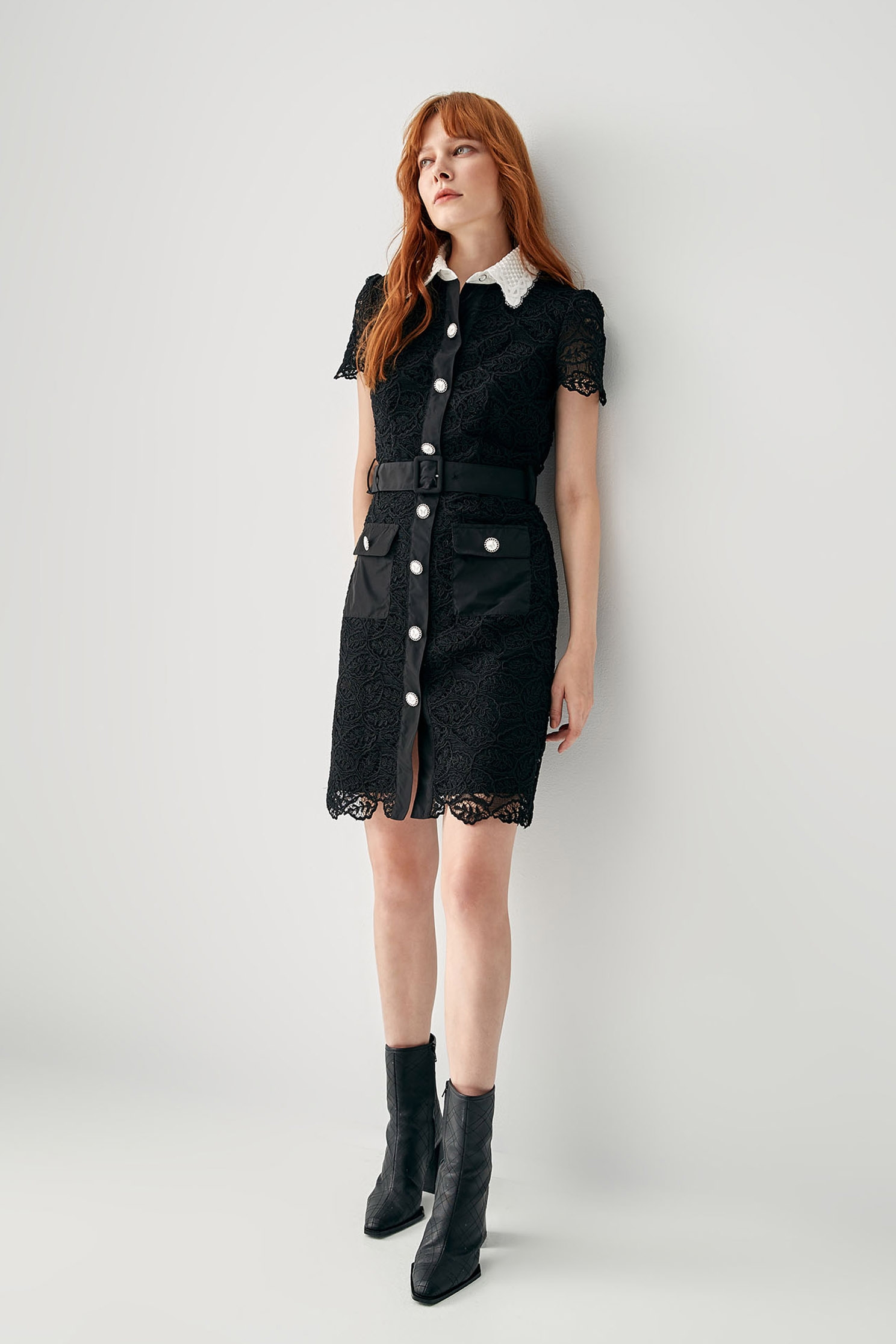 Full Lace Button Front Dress With Contrast CollarLace short dress,Embroidered,Queen,Lace dresses,Season (SS) Look,Valentine,Belts,Lace,Lace dresses