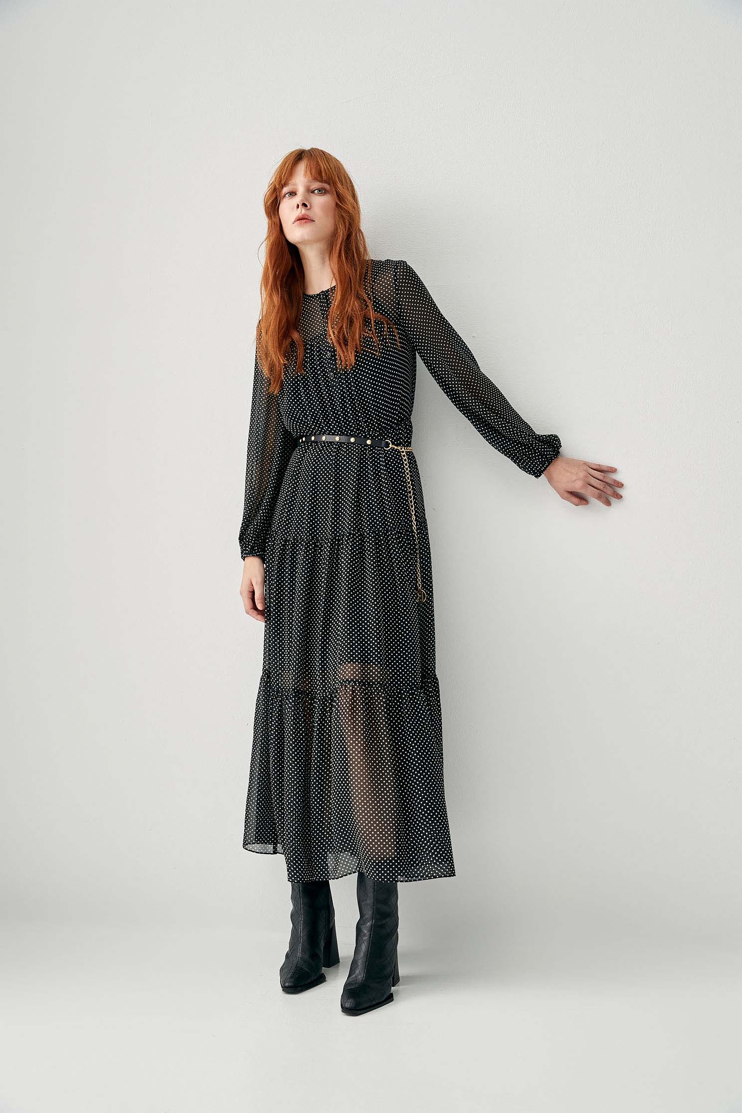 Polka Dot Long Sleeve Maxi DressChiffon dress with white dot design,Dresses,Under shirts,Queen,Season (SS) Look,Valentine,Maxi dresses,Chiffon