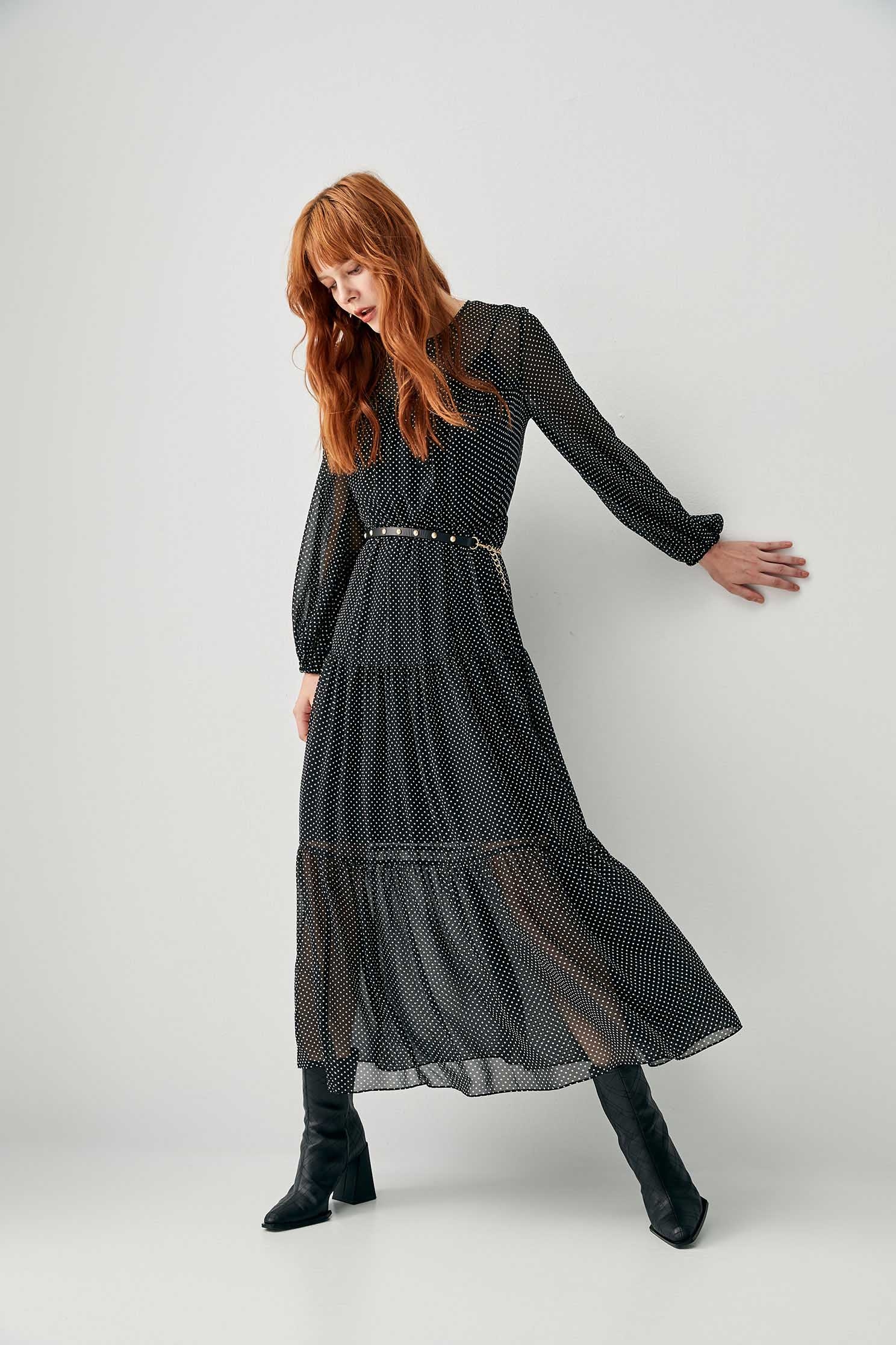 Polka Dot Long Sleeve Maxi DressChiffon dress with white dot design,Dresses,Under shirts,Queen,Season (SS) Look,Valentine,Maxi dresses,Chiffon