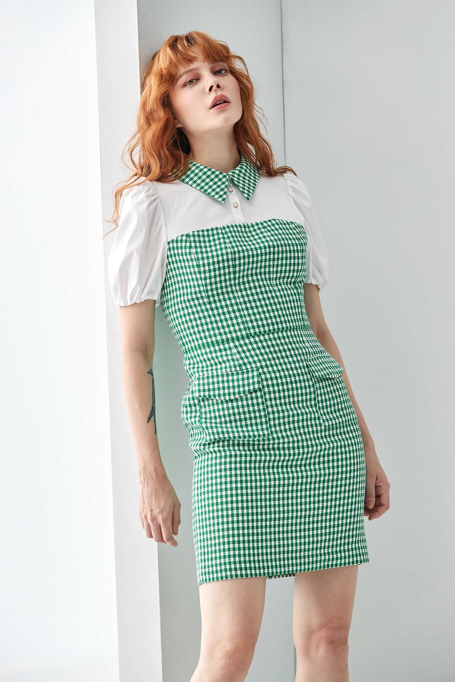 Green Plaid Splicing DressChecked tweed short dress,Dresses,Queen,Season (SS) Look,Plaid,Valentine,Blouses