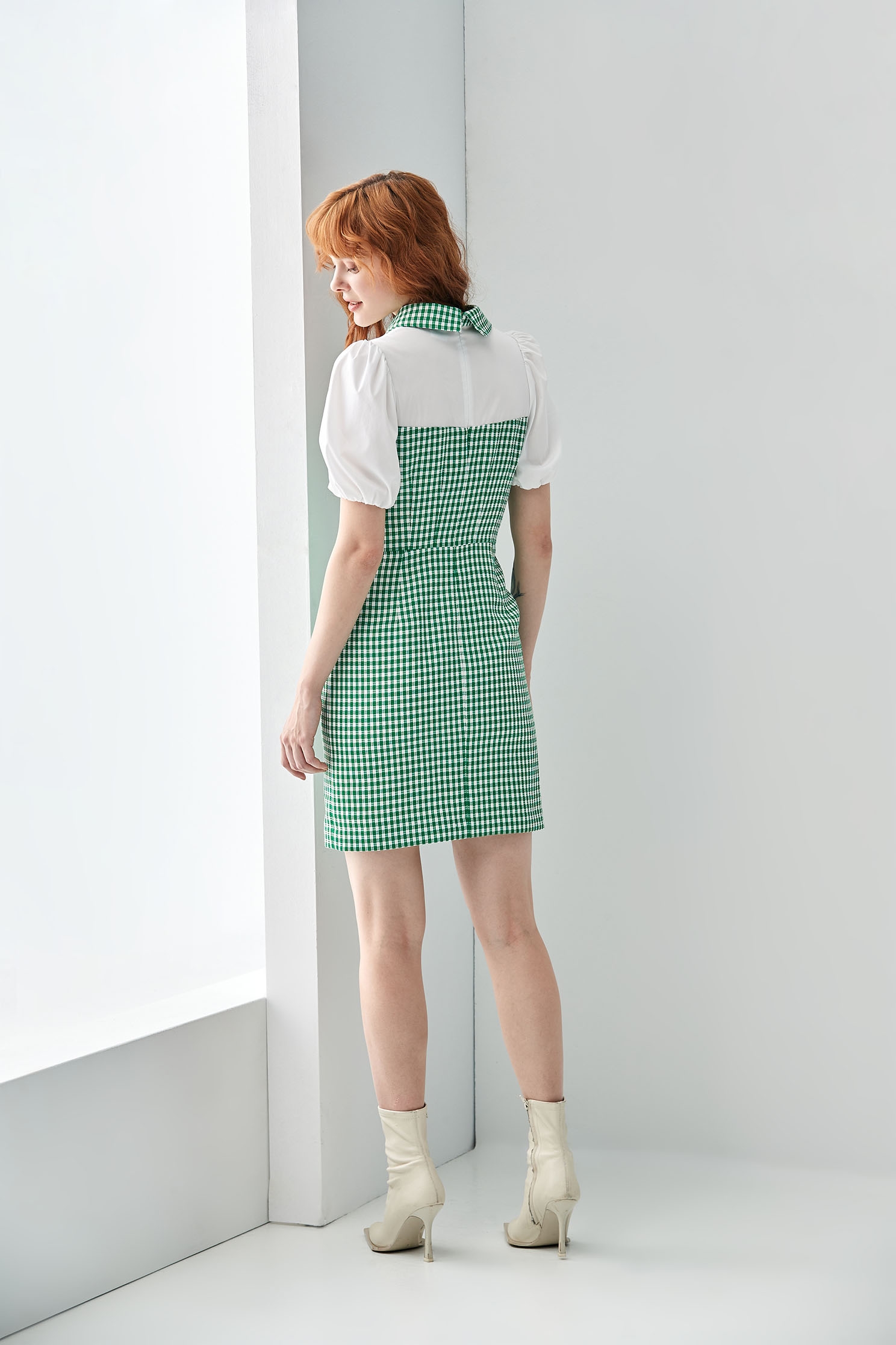 Green Plaid Splicing DressChecked tweed short dress,Dresses,Queen,Season (SS) Look,Plaid,Valentine,Blouses