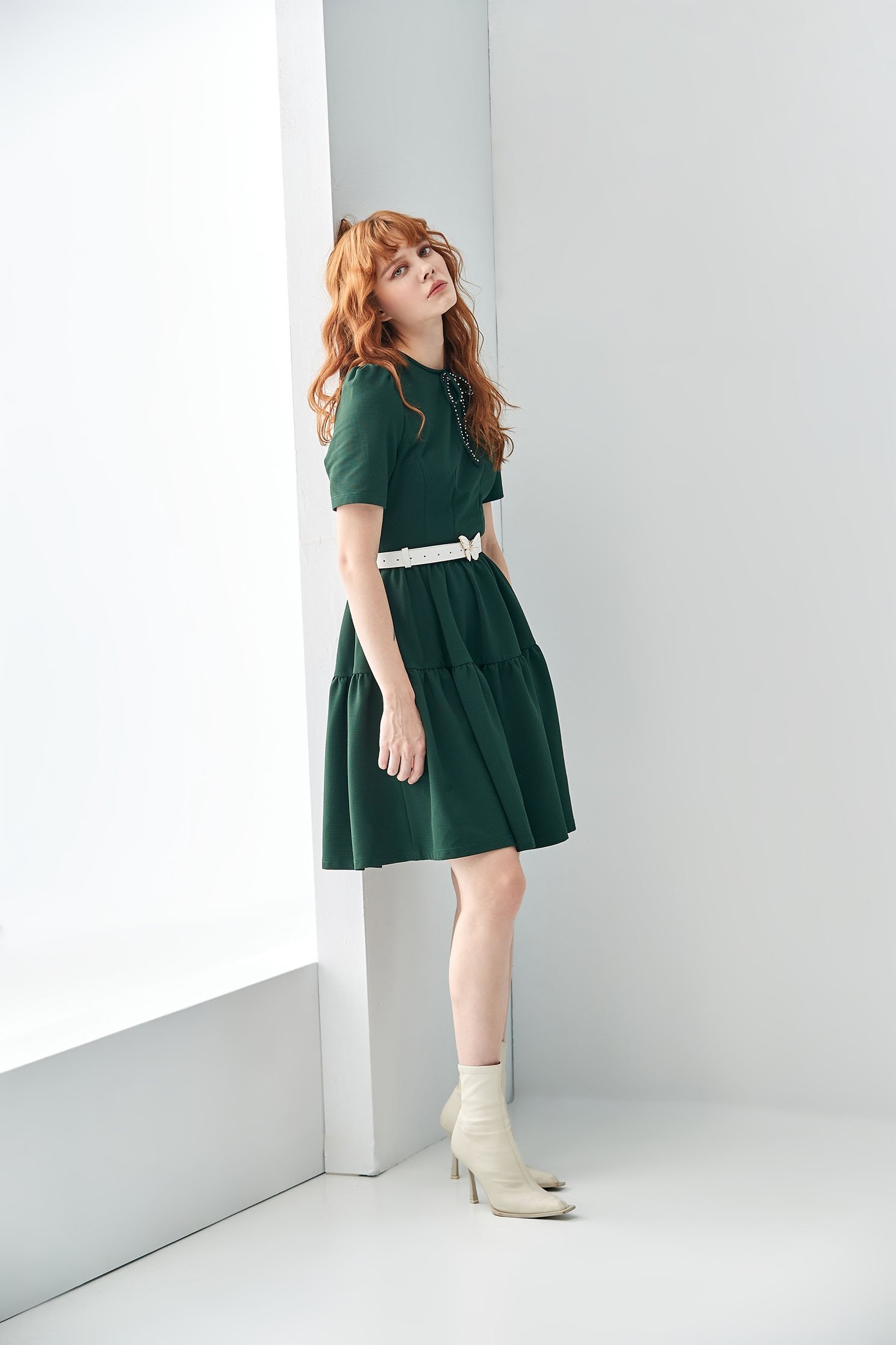 Short Sleeve Green DressElegant court-style copper-green dress,Dresses,Queen,Season (SS) Look,Valentine,bows