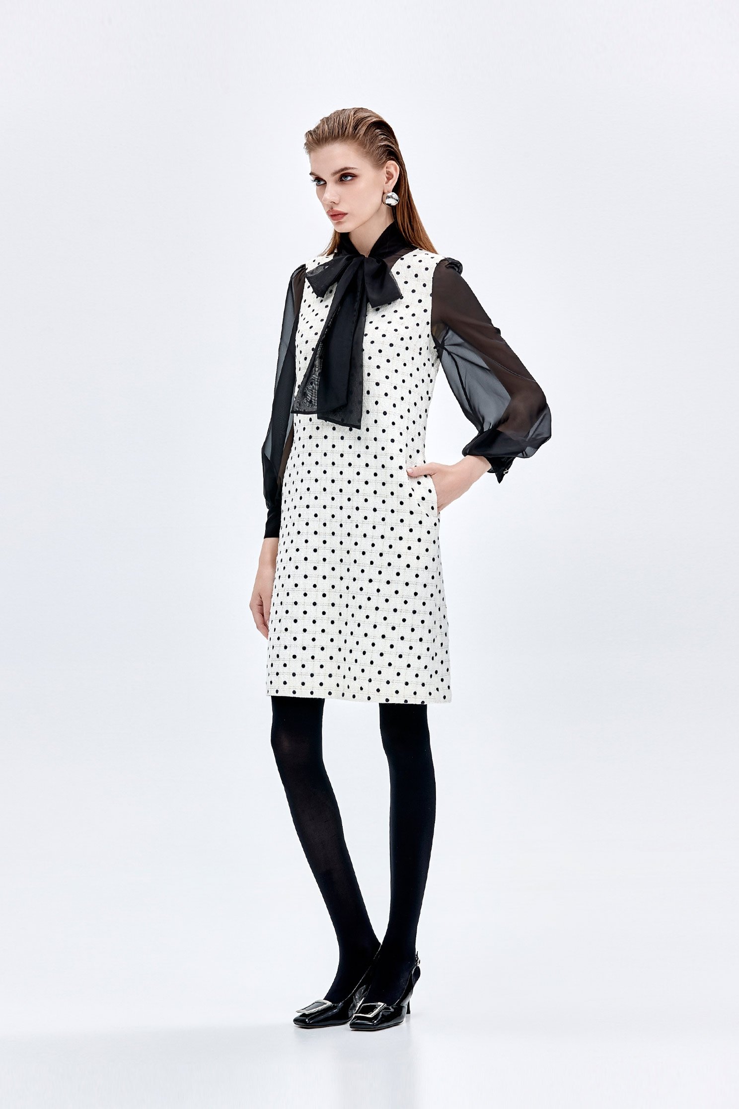 Retro Polka Dot Dress With Bow CollarRetro Polka Dot Dress With Bow Collar,Dresses,dotcollection,Season (AW) Look