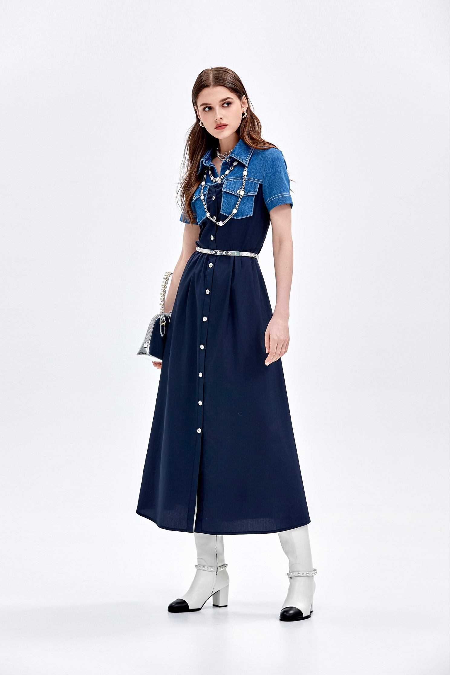 Contrast Denim Short Sleeve Maxi DressContrast Denim Short Sleeve Maxi Dress,Dresses,Denim,Season (AW) Look