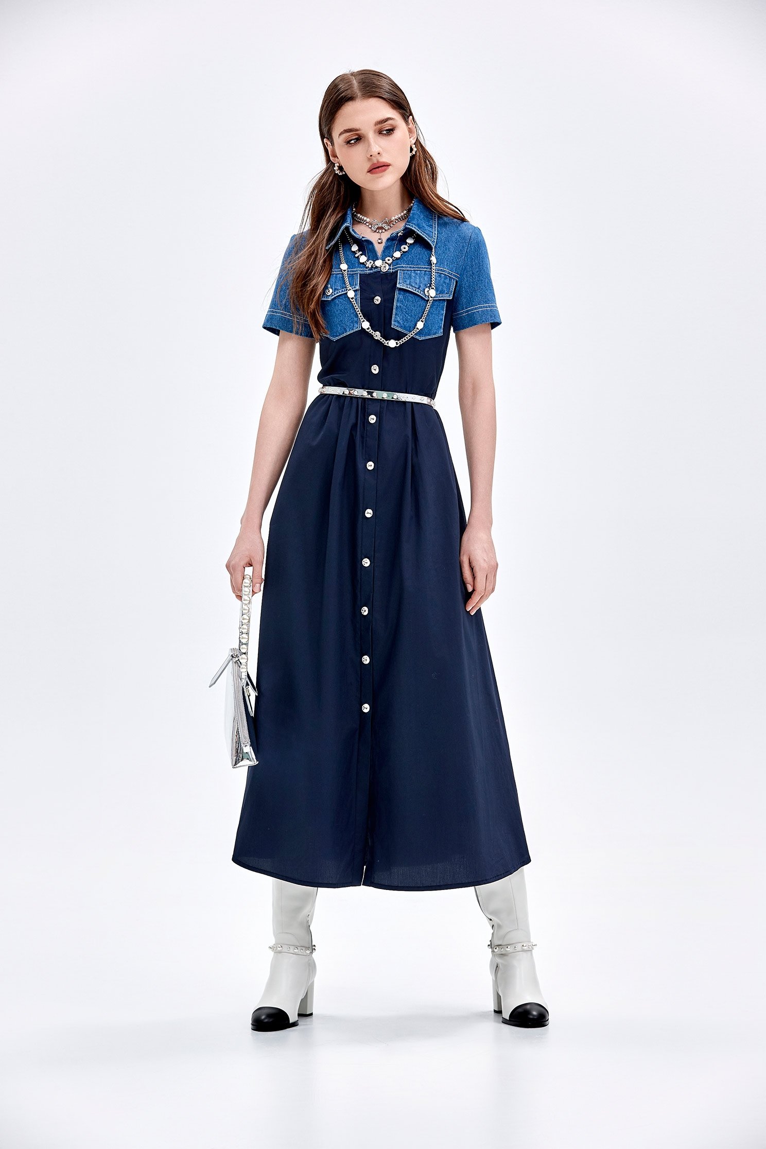 Contrast Denim Short Sleeve Maxi DressContrast Denim Short Sleeve Maxi Dress,Dresses,Denim,Season (AW) Look