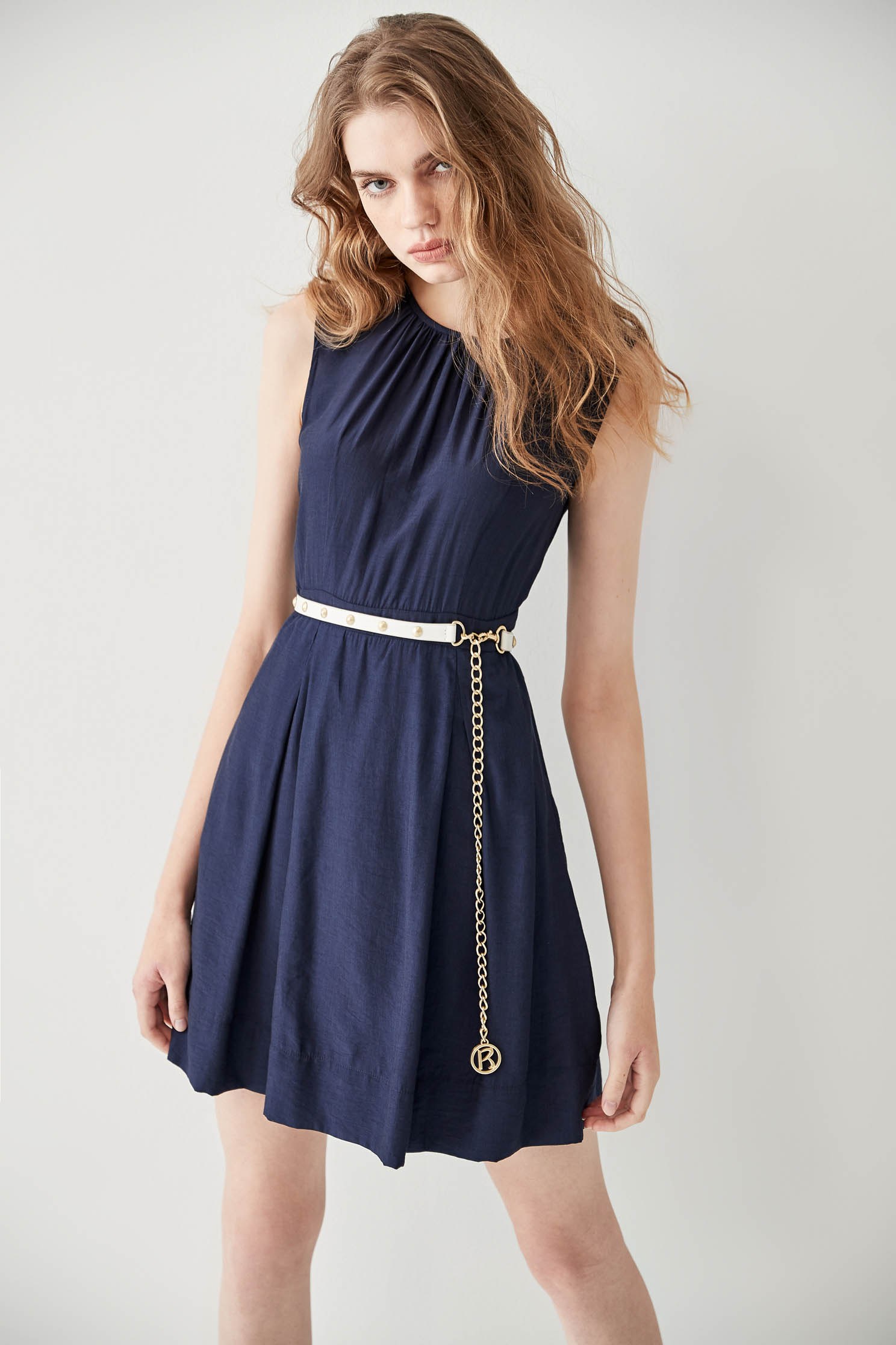 Navy Sleeveless Pleated DressRetro dress,Dresses,Office Looks,Season (SS) Look,mothergift