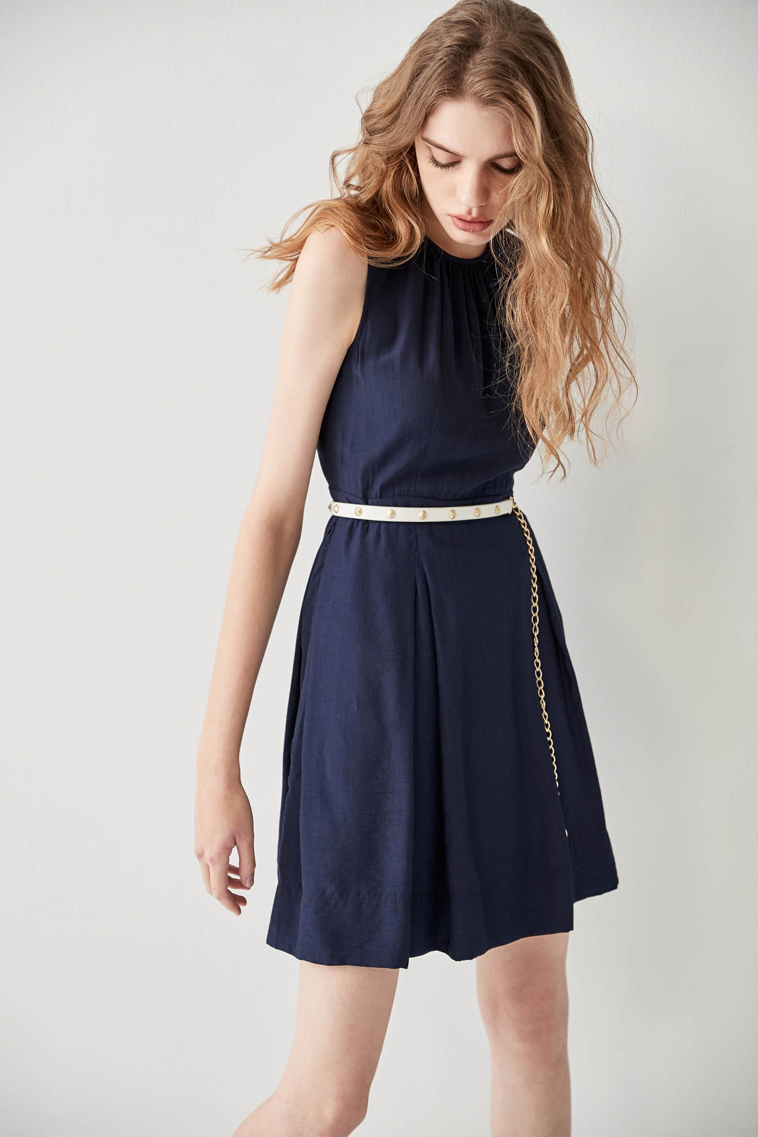 Navy Sleeveless Pleated DressRetro dress,Dresses,Office Looks,Season (SS) Look,mothergift