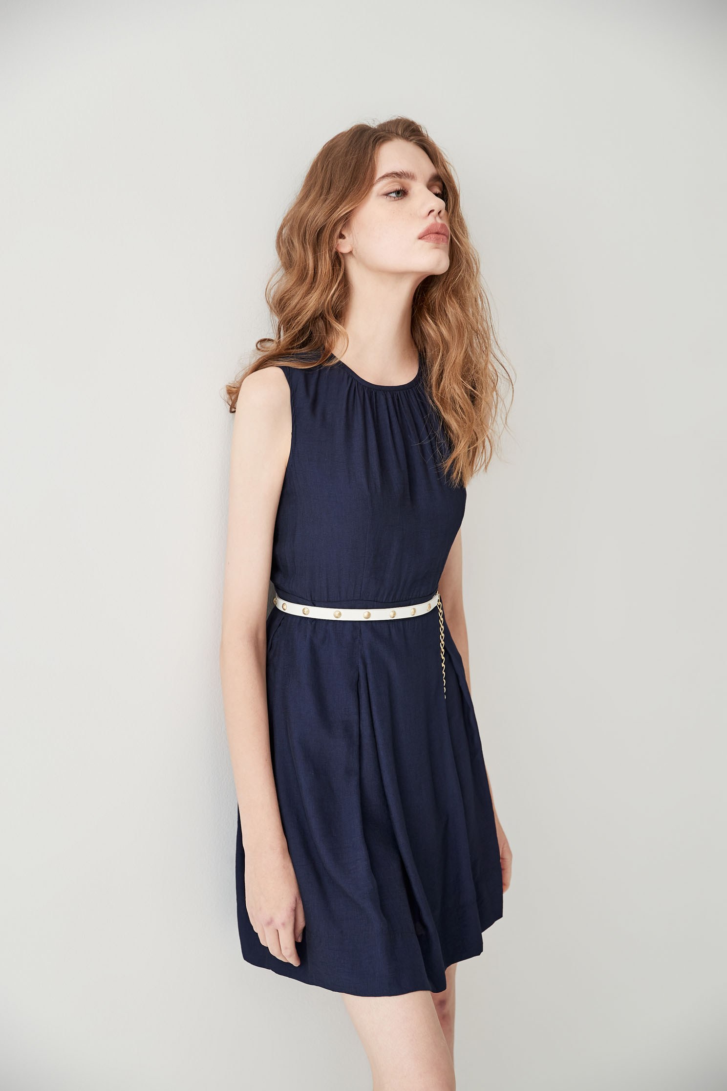 Navy Sleeveless Pleated DressRetro dress,Dresses,Office Looks,Season (SS) Look,mothergift