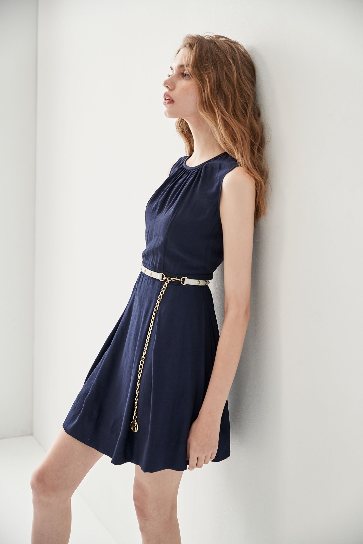 Navy Sleeveless Pleated DressRetro dress,Dresses,Office Looks,Season (SS) Look,mothergift